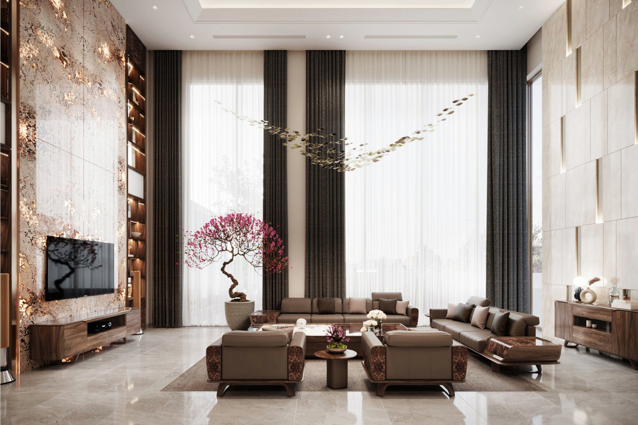 nội thất gỗ óc chó phòng khách hiện đại sofa kệ tivi tủ