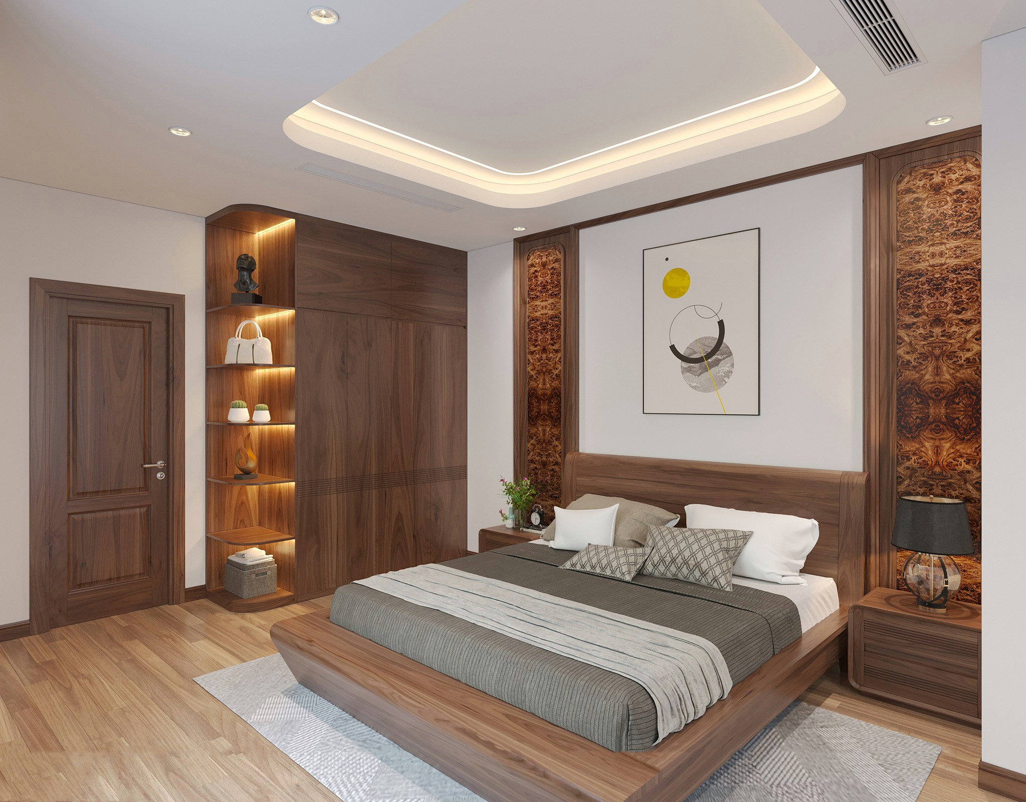 nội thất gỗ óc chó phòng ngủ hiện đại giường tủ tab vách