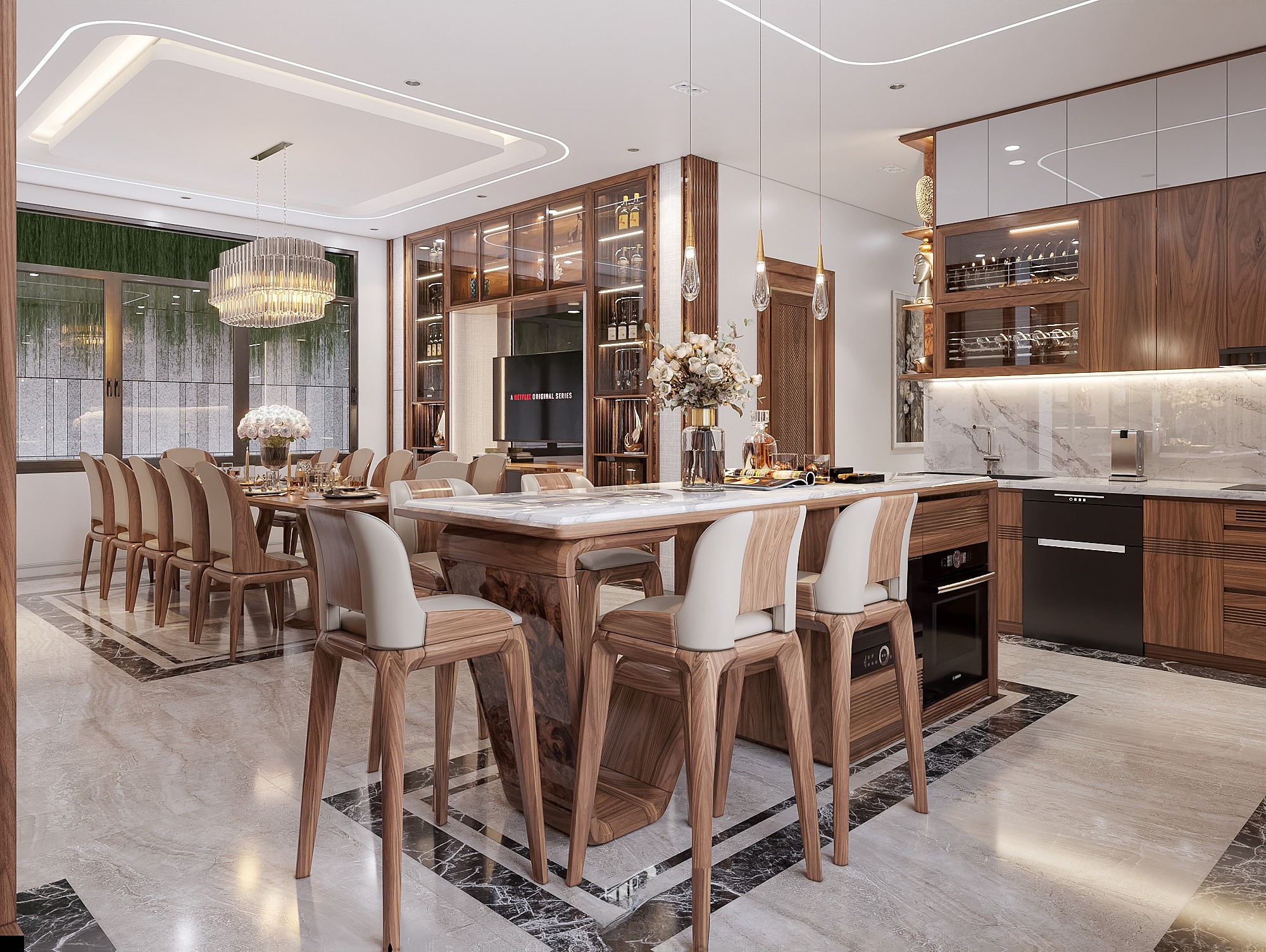 Nội thất gỗ óc chó tự nhiên phòng bếp hiện đại