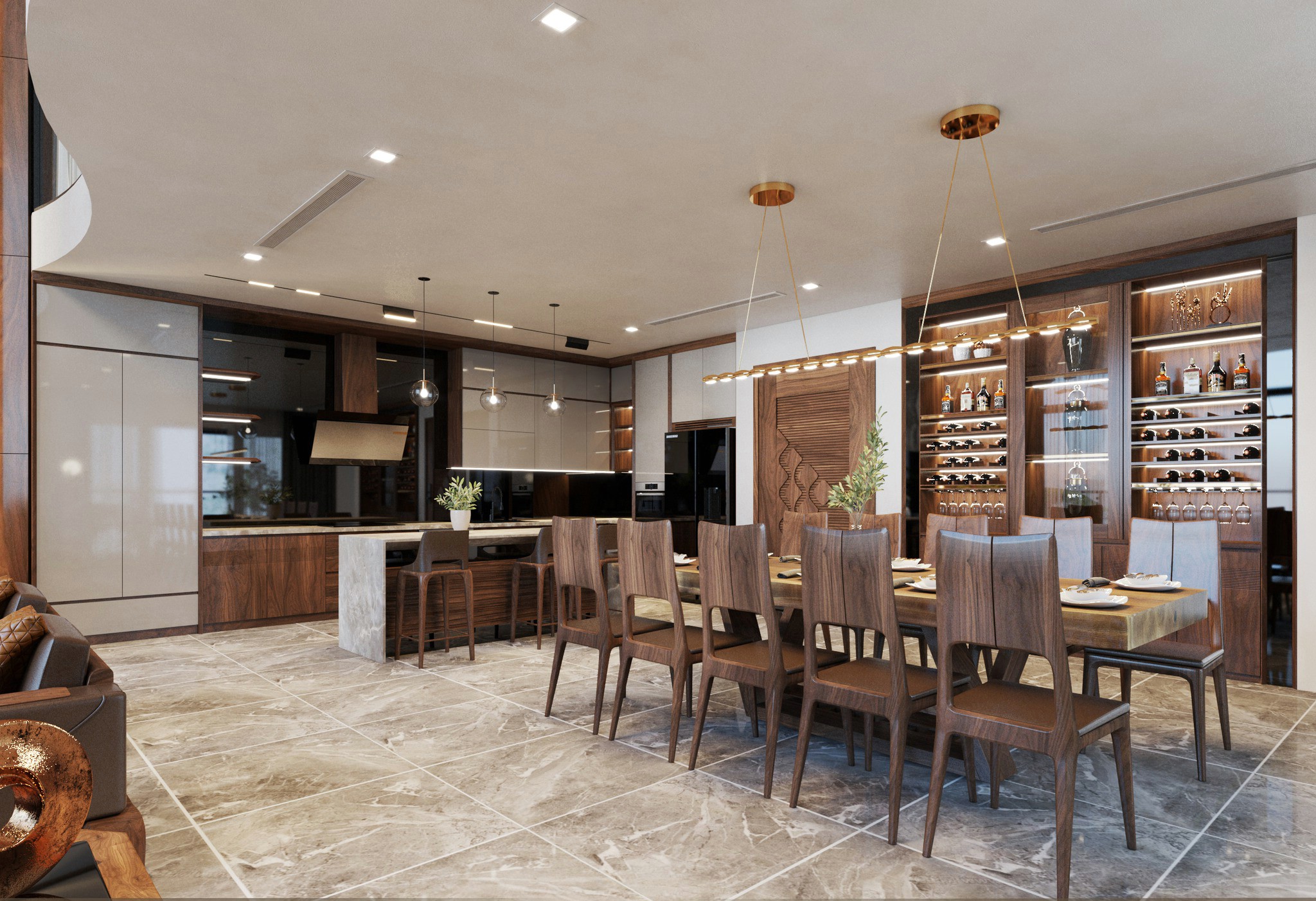 Nội thất phòng bếp bằng gỗ óc chó phong cách thời thượng