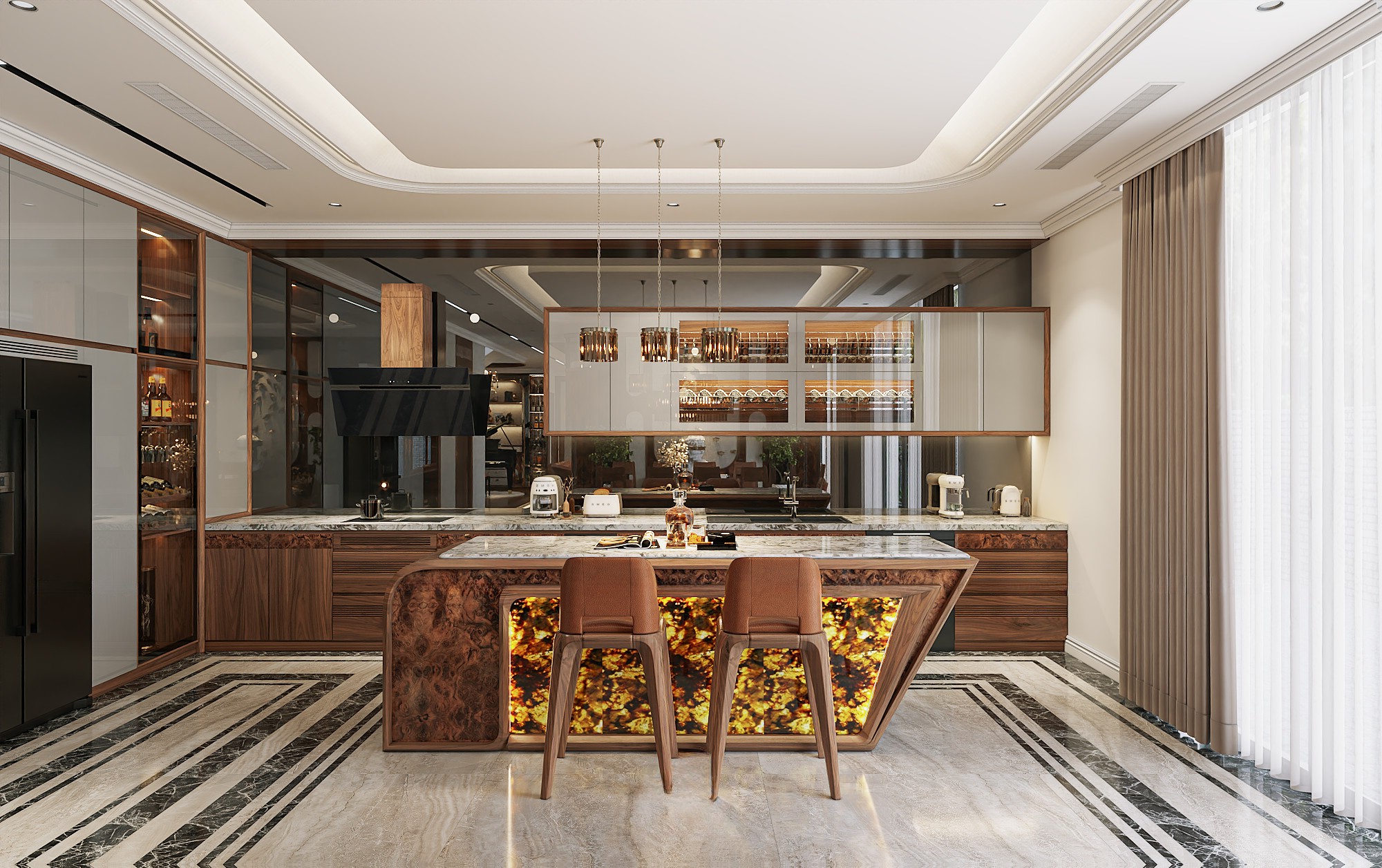 Nội thất phòng bếp gỗ óc chó biệt thự.