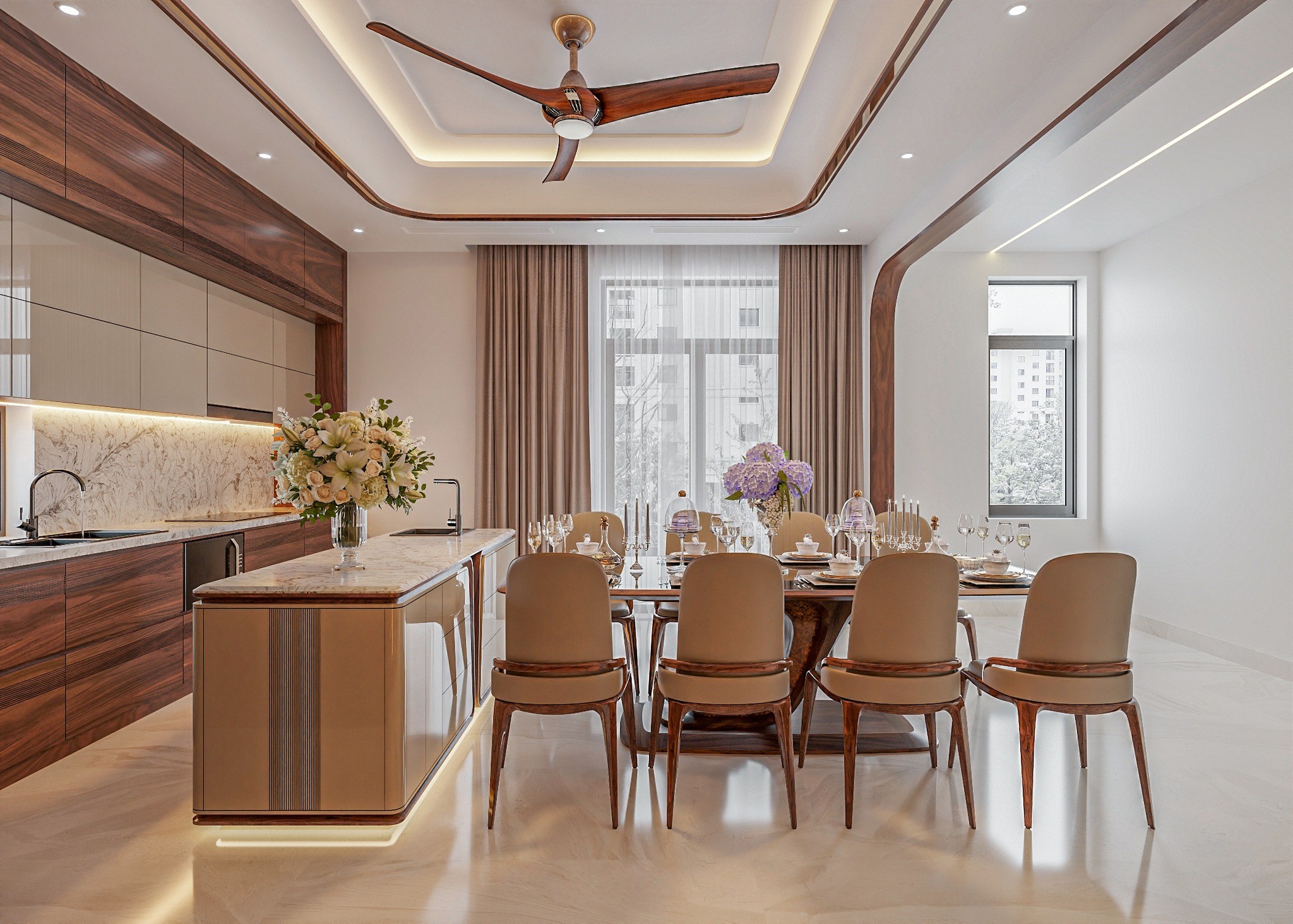 Nội thất phòng bếp gỗ óc chó chung cư cao cấp