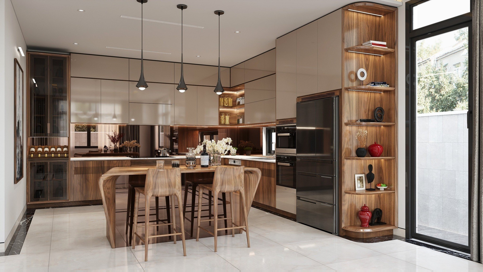 Nội thất phòng bếp gỗ óc chó đẹp phong cách hiện đại