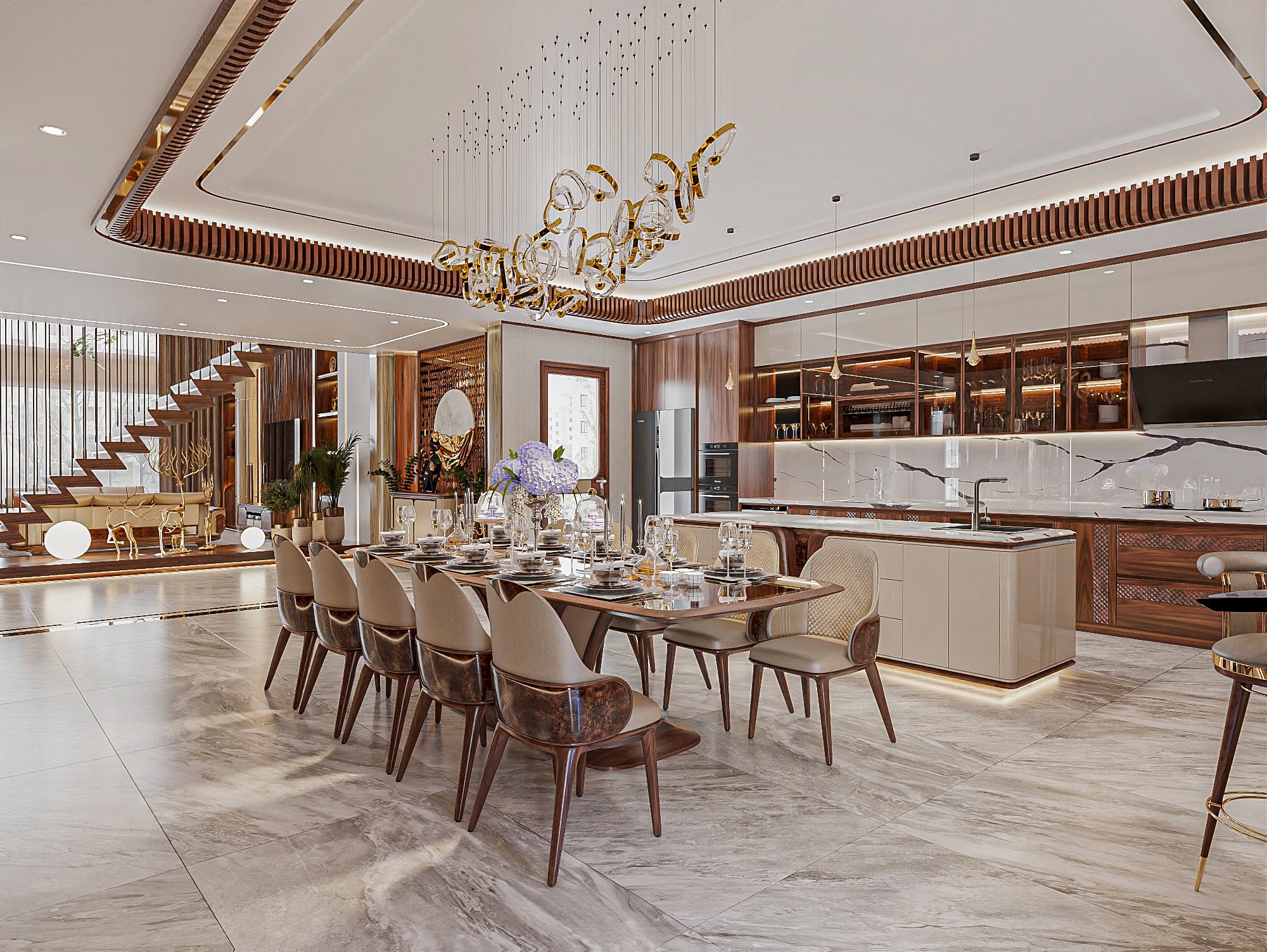 Nội thất phòng bếp gỗ óc chó hiện đại với đá marble