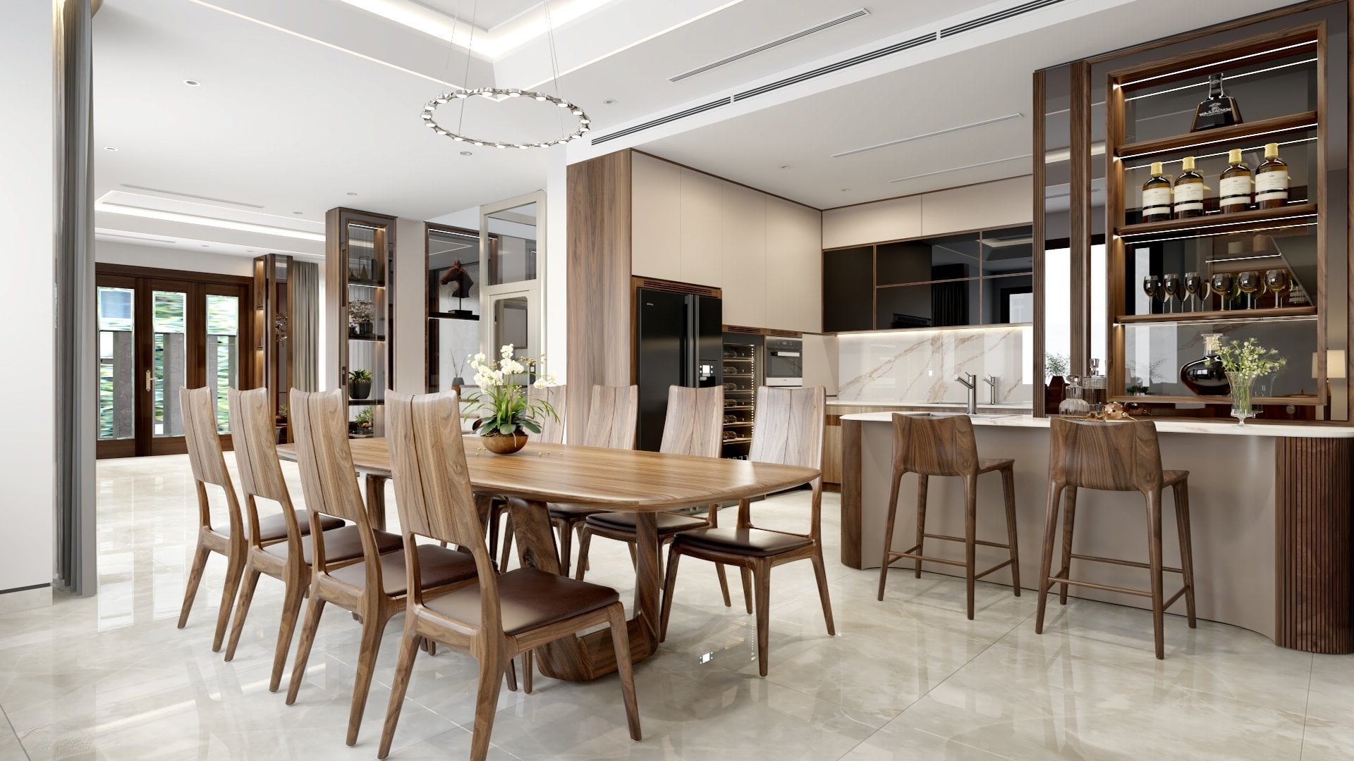 Nội thất phòng bếp gỗ óc chó tự nhiên hiện đại