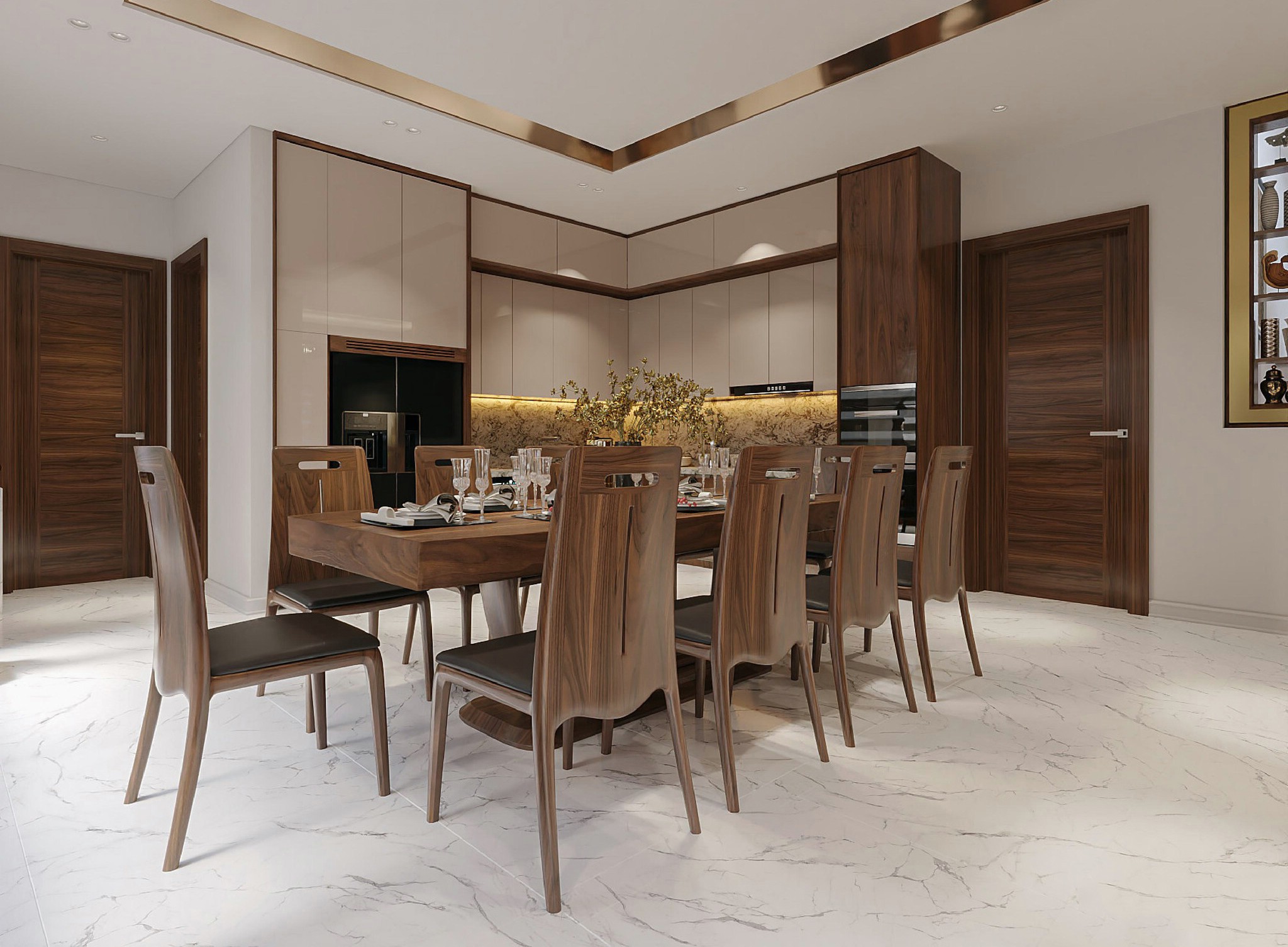 Nội thất phòng bếp gỗ óc chó hiện đại và ấm áp