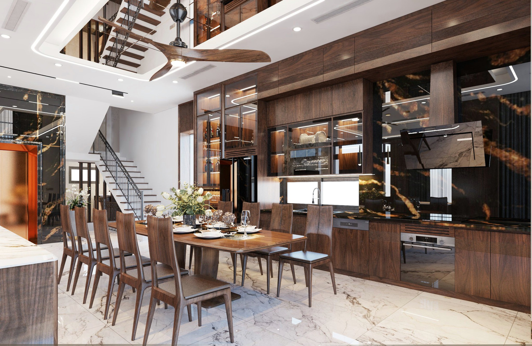 Nội thất phòng bếp nhà ống gỗ óc chó.