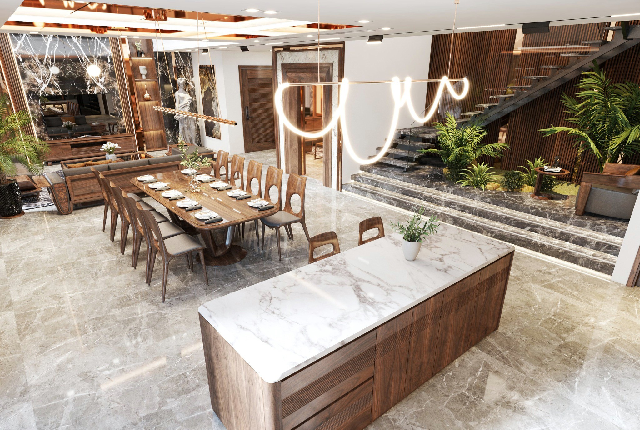 Nội thất phòng khách bếp gỗ óc chó.