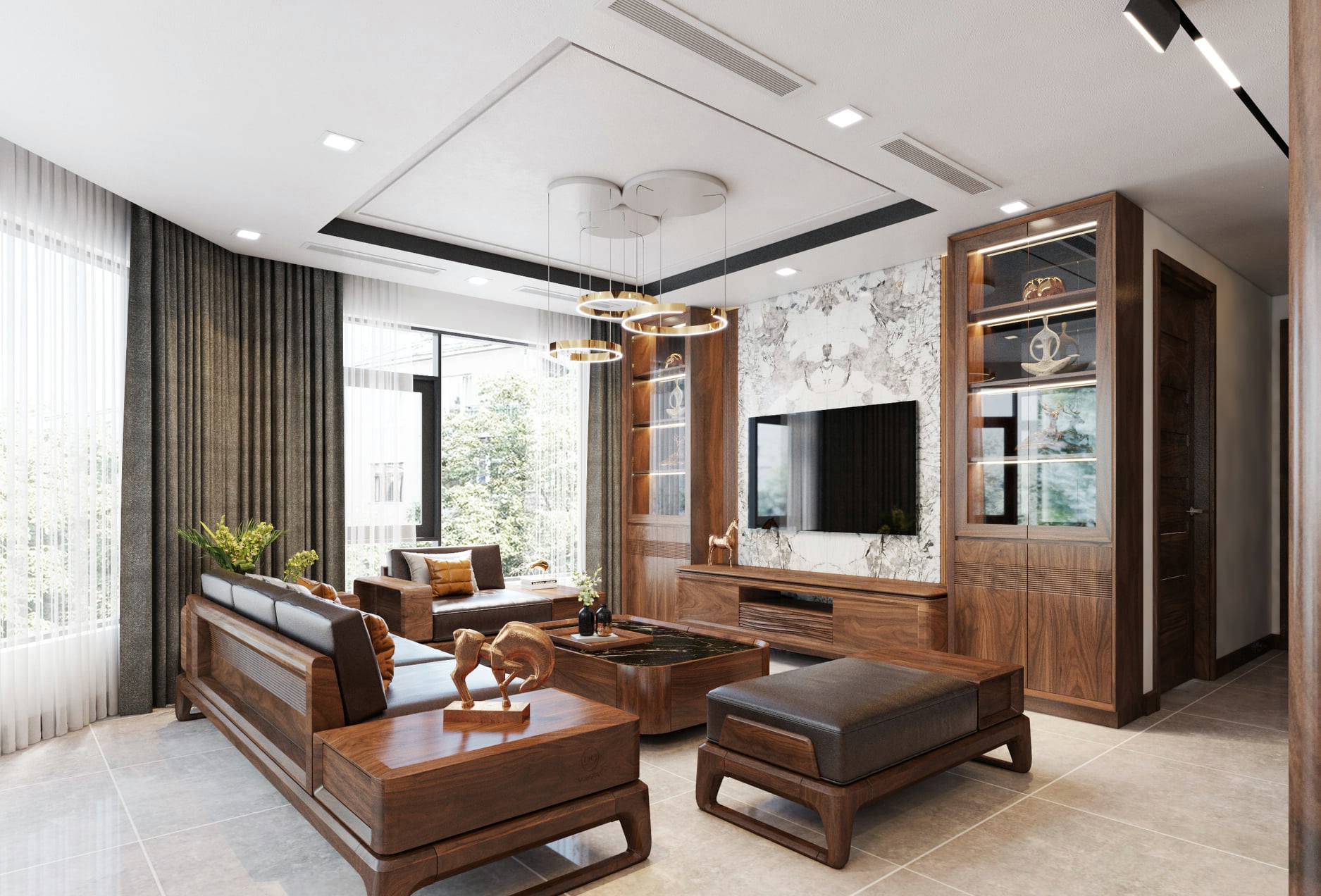 Nội thất phòng khách chung cư gỗ óc chó đẹp.