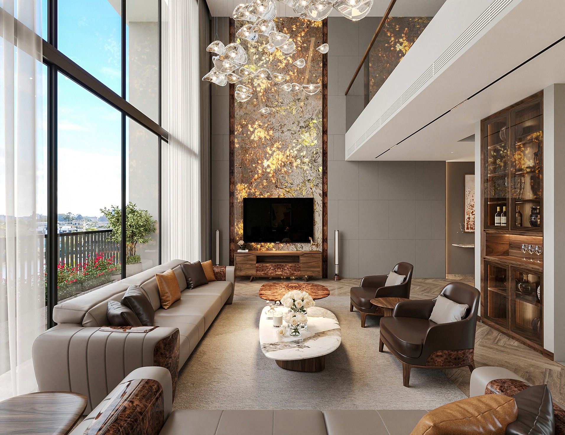 Nội thất phòng khách gỗ óc chó đẹp.