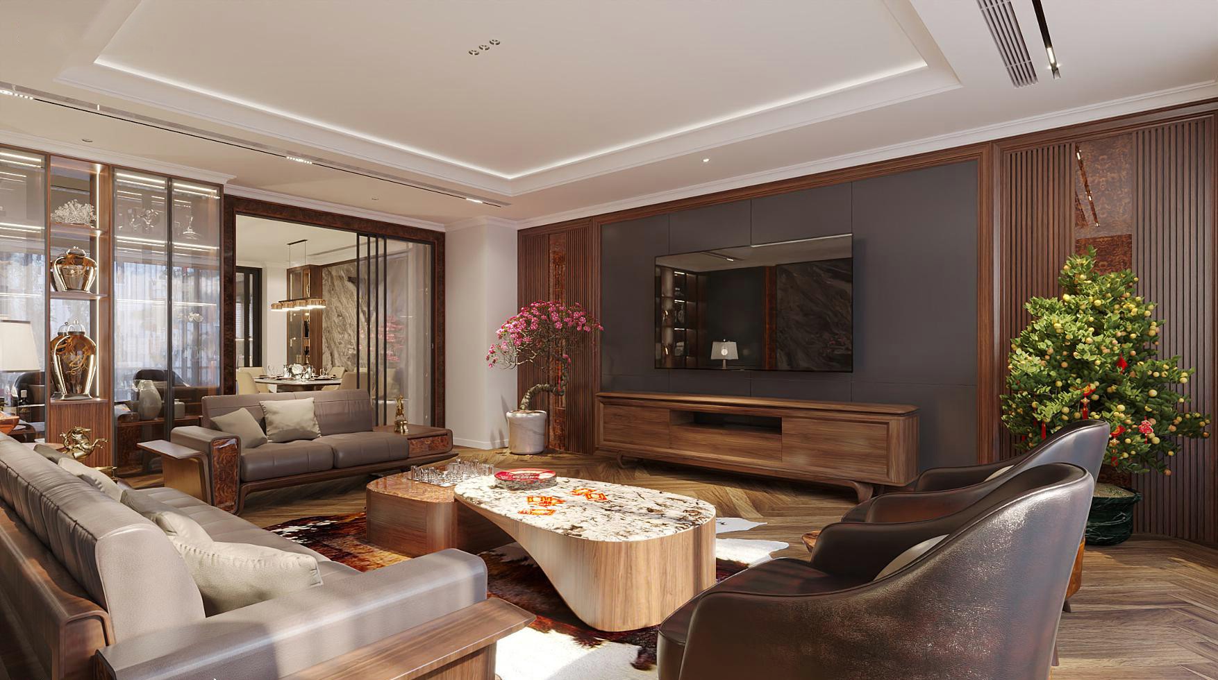 nội thất phòng khách gỗ óc chó hiện đại sofa bàn trà đôi kệ tivi
