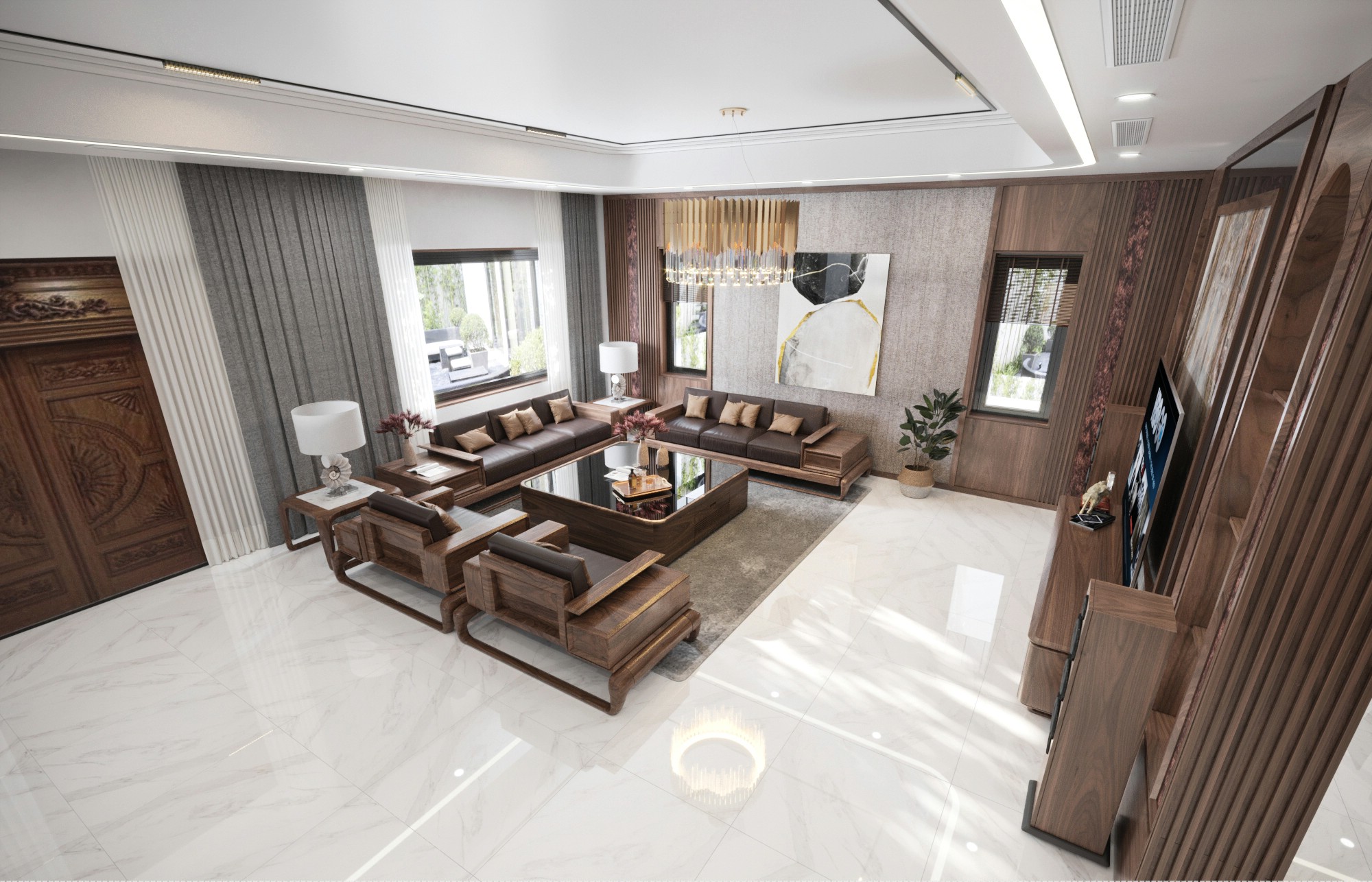 nội thất phòng khách gỗ óc chó sofa bàn trà kệ tivi