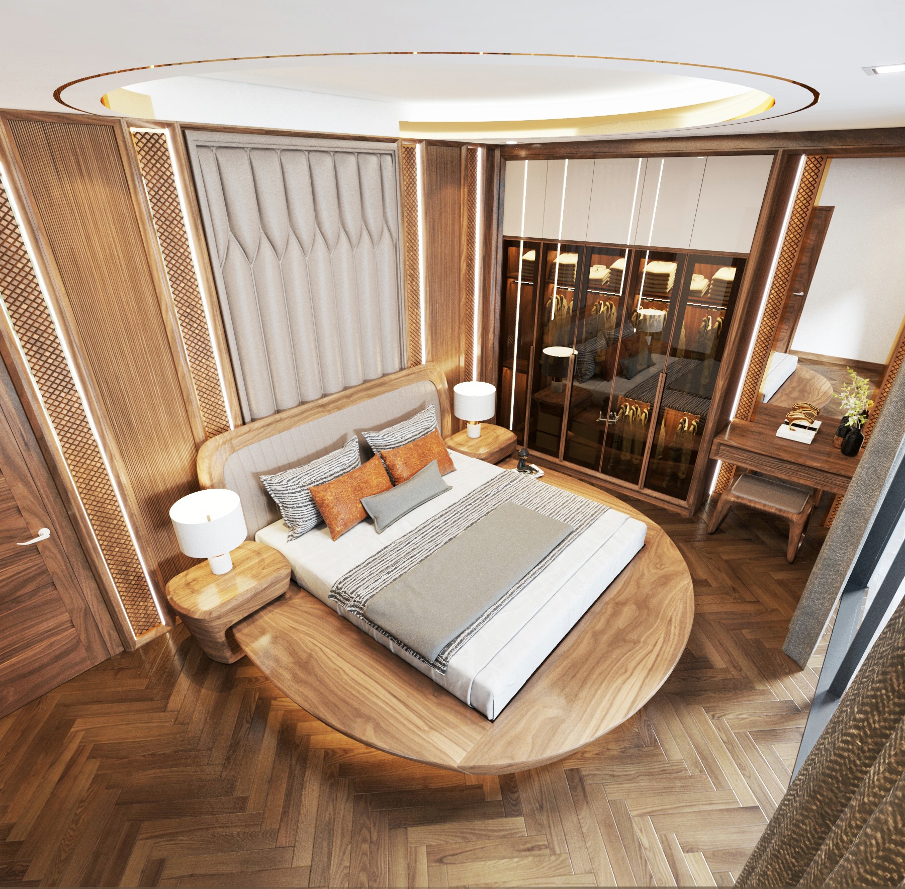 Nội thất phòng ngủ gỗ óc chó hiện đại tinh tế.