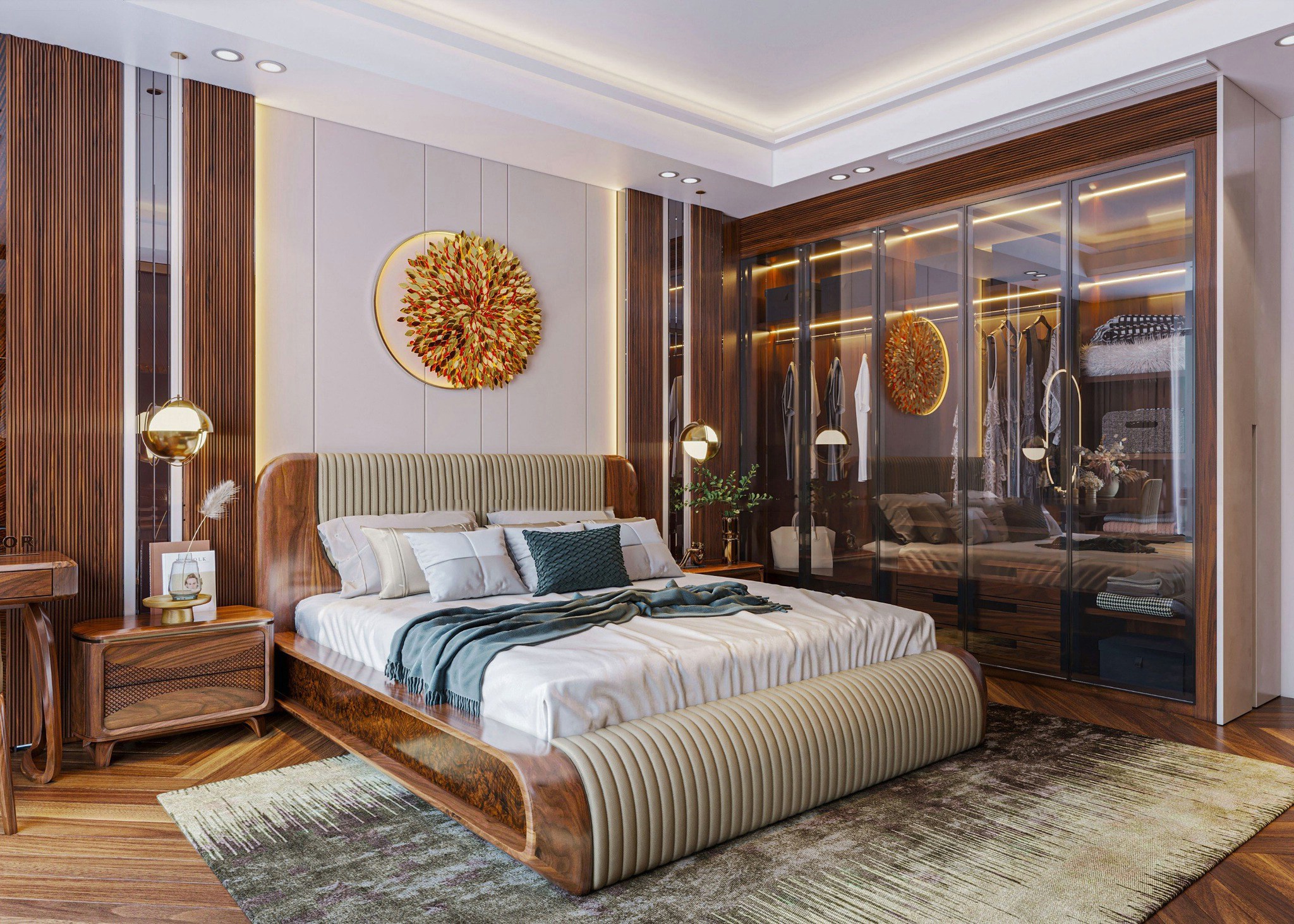 nội thất phòng ngủ gỗ óc chó hiện đại giường tủ kính