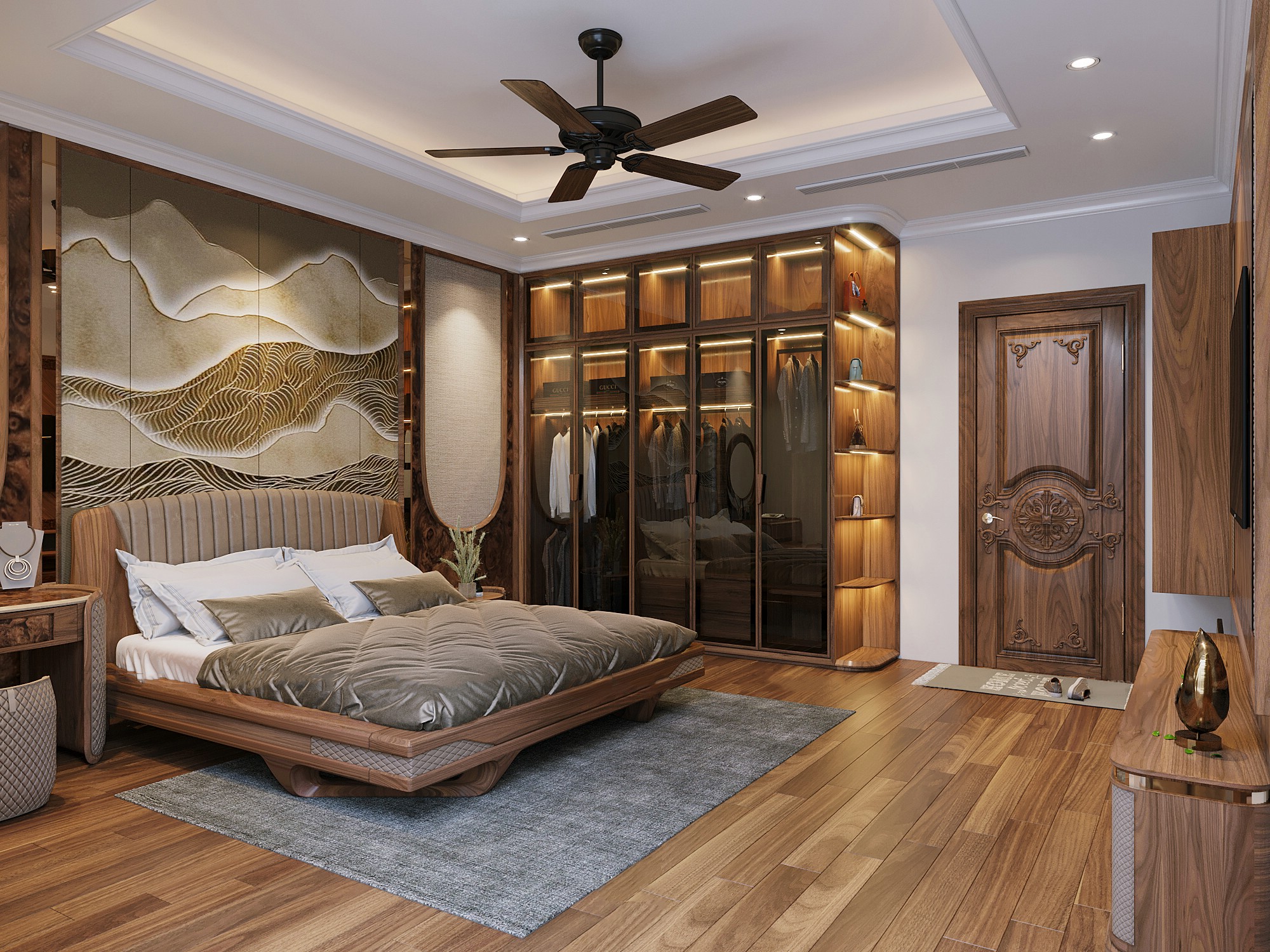 Nội thất phòng ngủ gỗ óc chó sang trọng cao cấp.