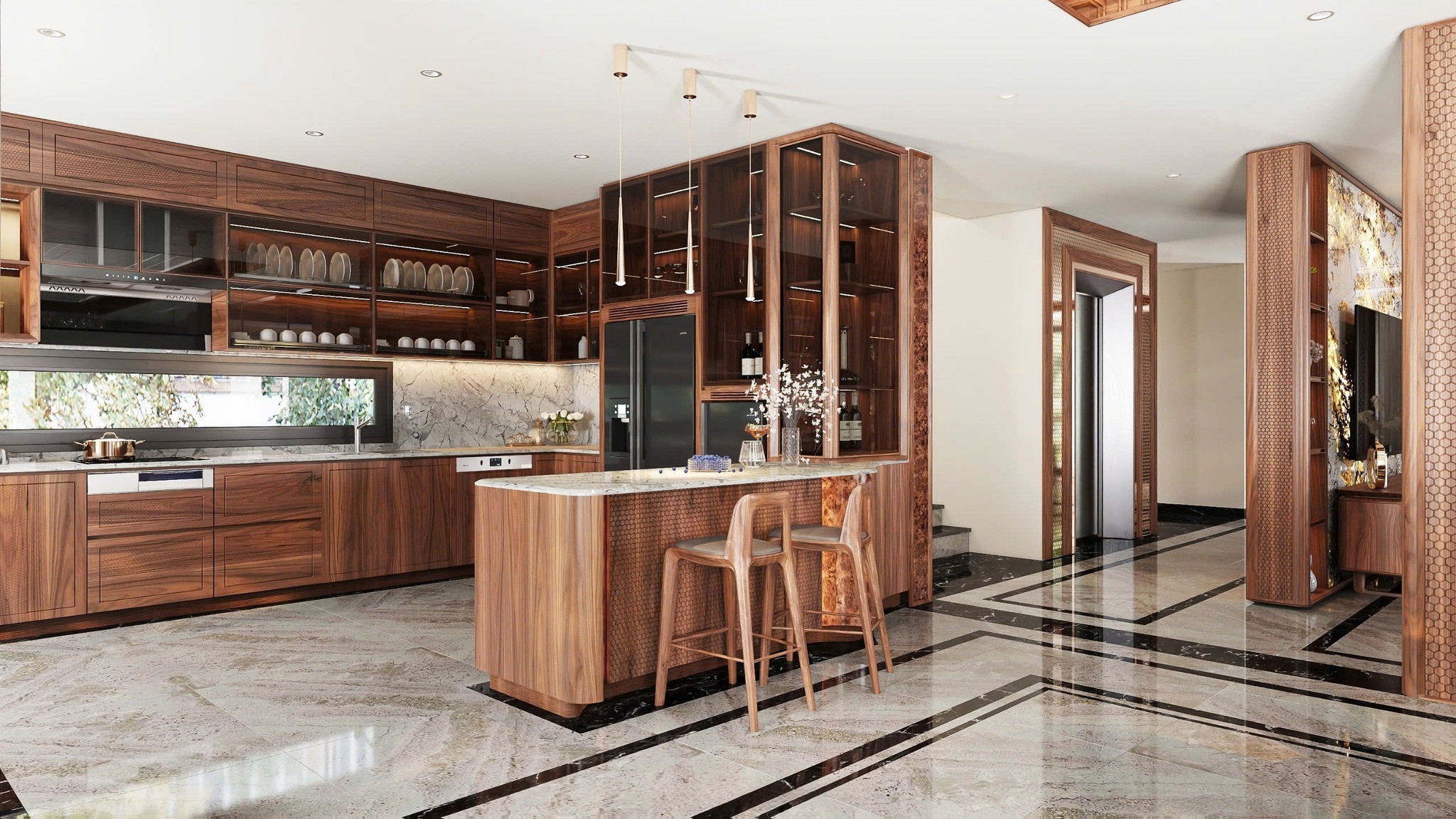 Phòng bếp biệt thự gỗ óc chó hiện đại.