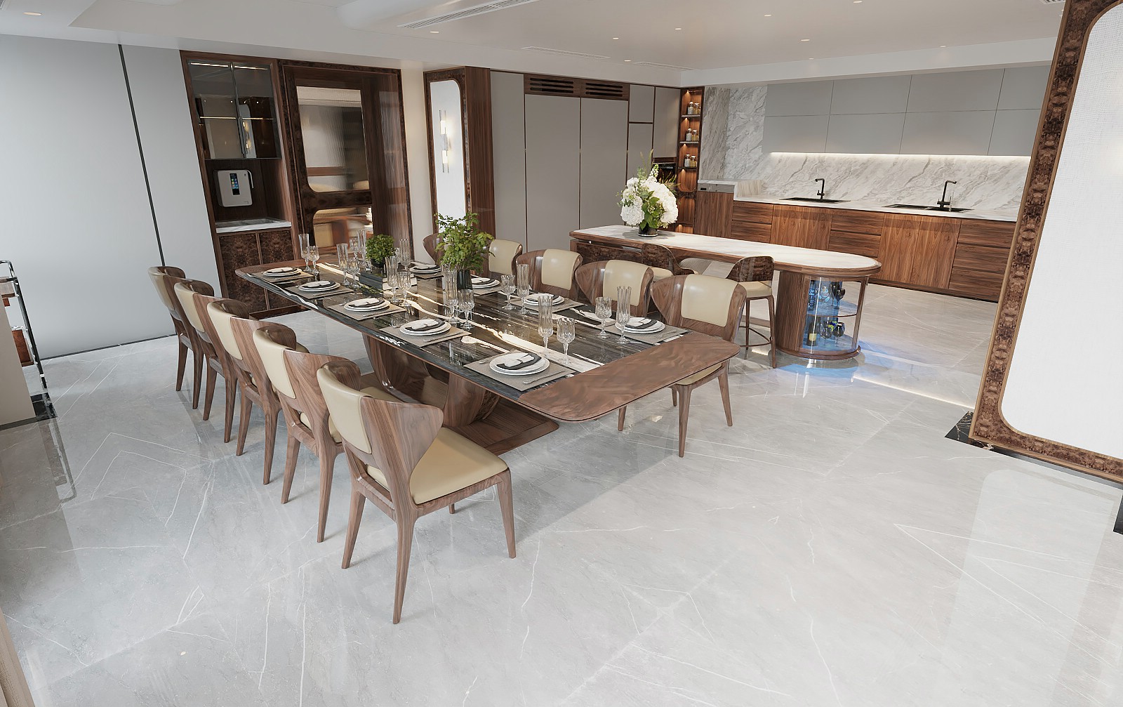 Phòng bếp biệt thự gỗ óc chó cao cấp