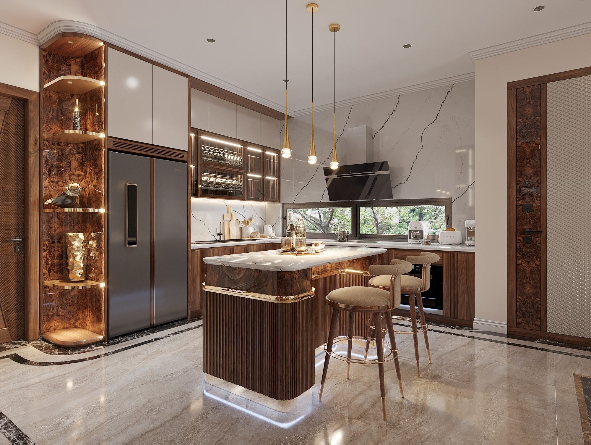 Phòng bếp chữ L gỗ óc chó hiện đại