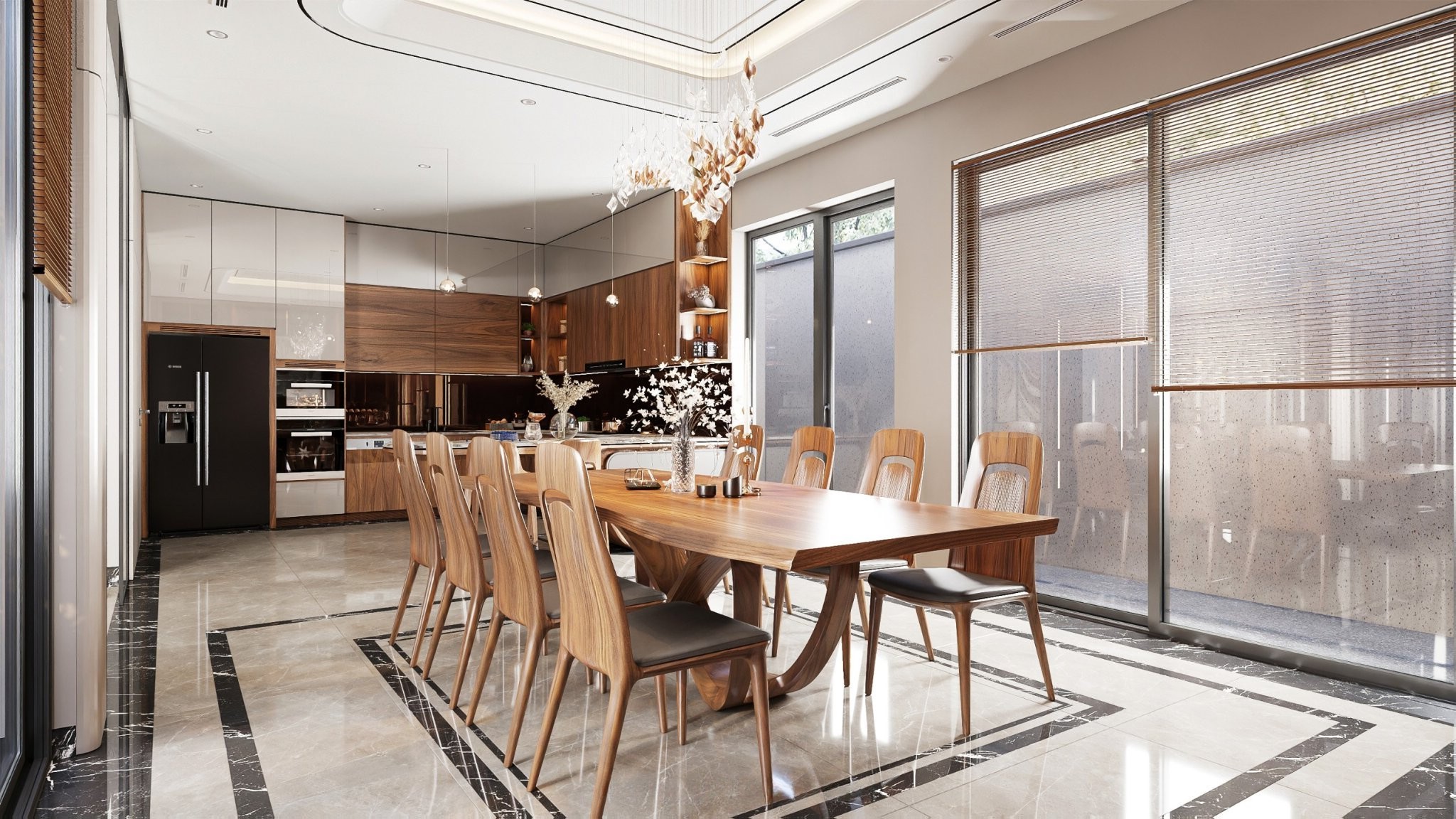 Phòng bếp gỗ óc chó biệt thự đẹp.