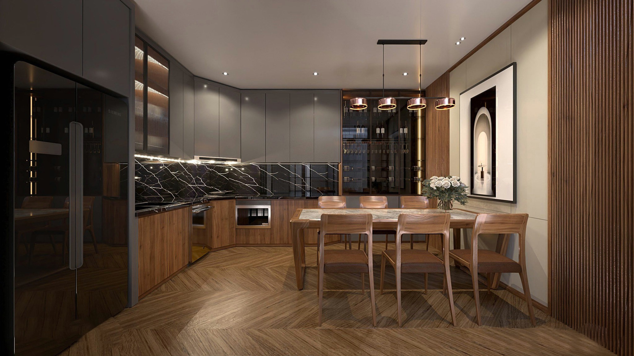 Phòng bếp gỗ óc chó đẹp hiện đại