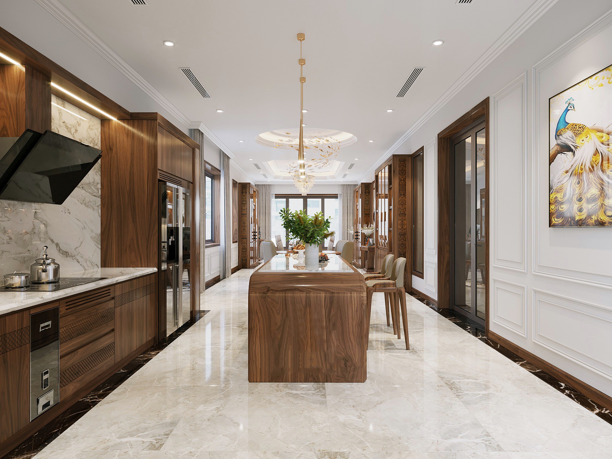 Phòng bếp gỗ óc chó đẹp nhà ống.