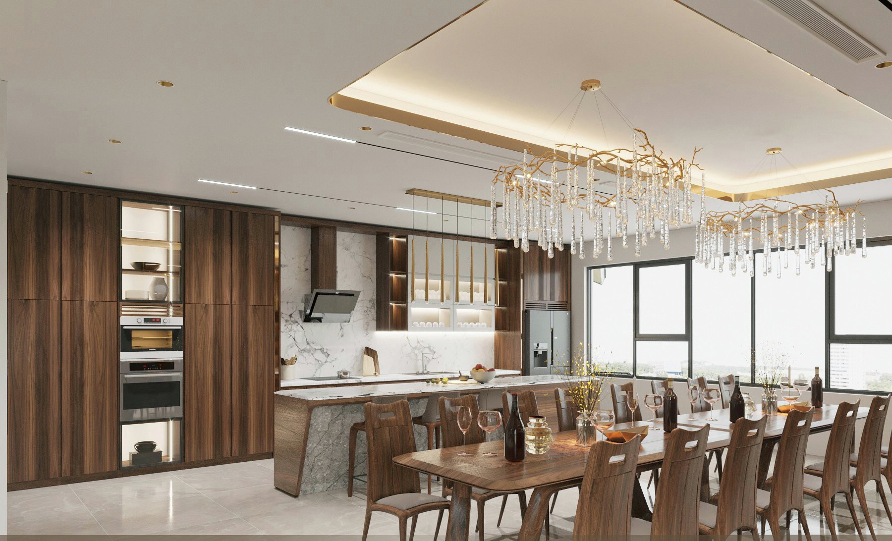 Phòng bếp gỗ óc chó đẹp và hiện đại sang trọng