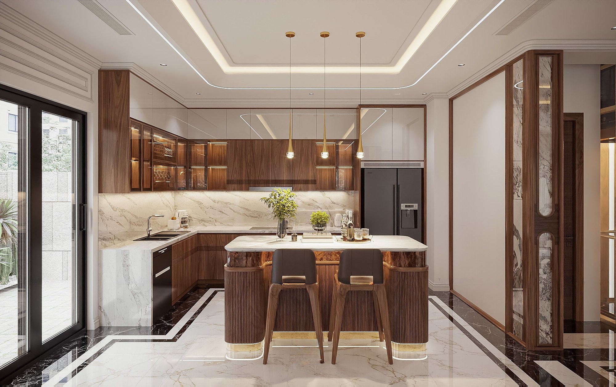 Phòng bếp gỗ óc chó đẹp hiện đại