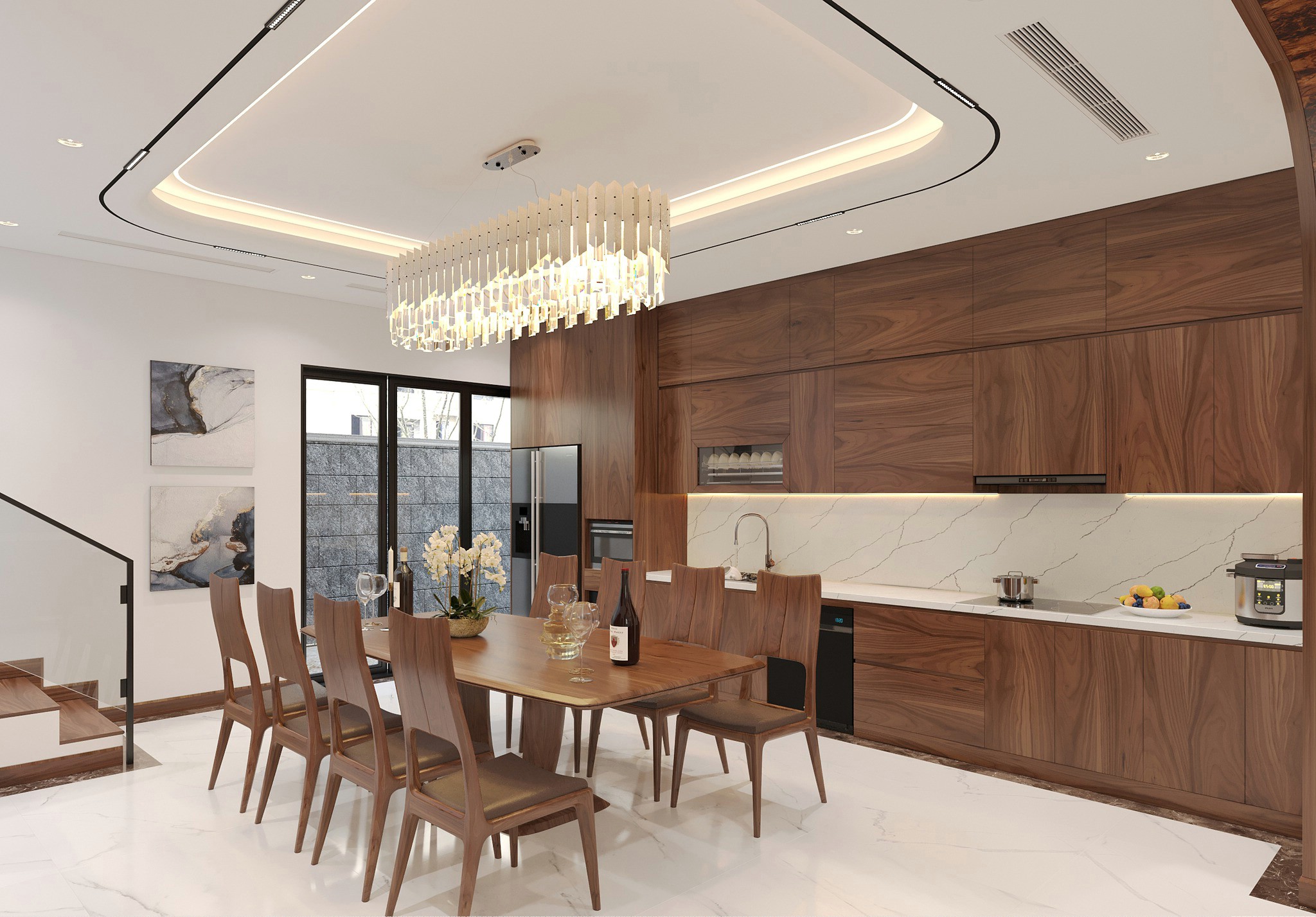 Phòng bếp gỗ óc chó đơn giản đẹp