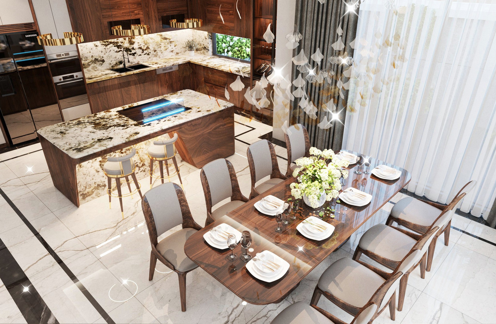 Phòng bếp gỗ óc chó đơn giản mà đẹp