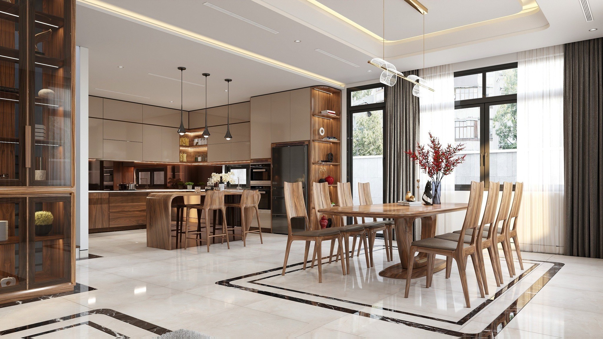 Phòng bếp gỗ óc chó hiện đại đẹp sang trọng