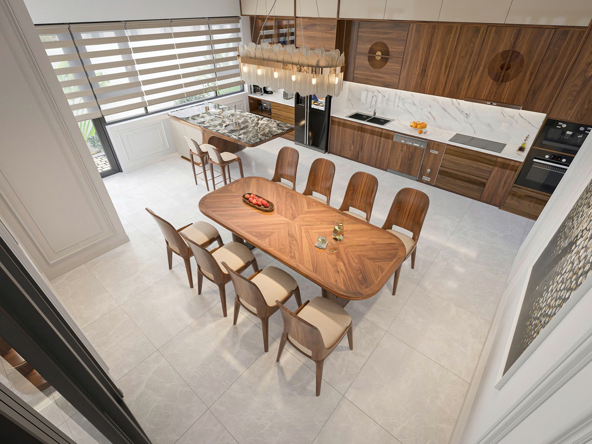 Phòng bếp gỗ óc chó hiện đại sang trọng