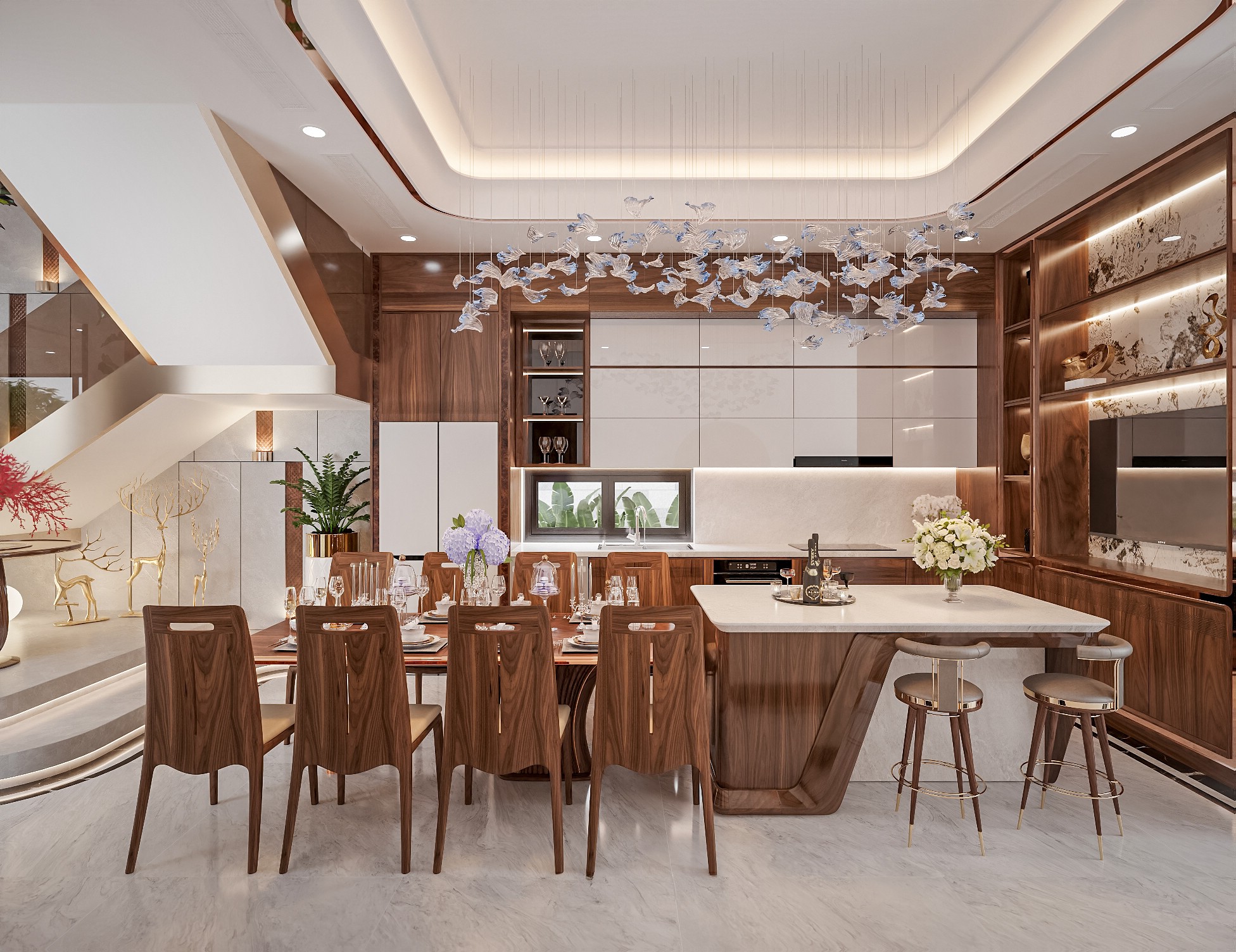 Phòng bếp gỗ óc chó hiện đại