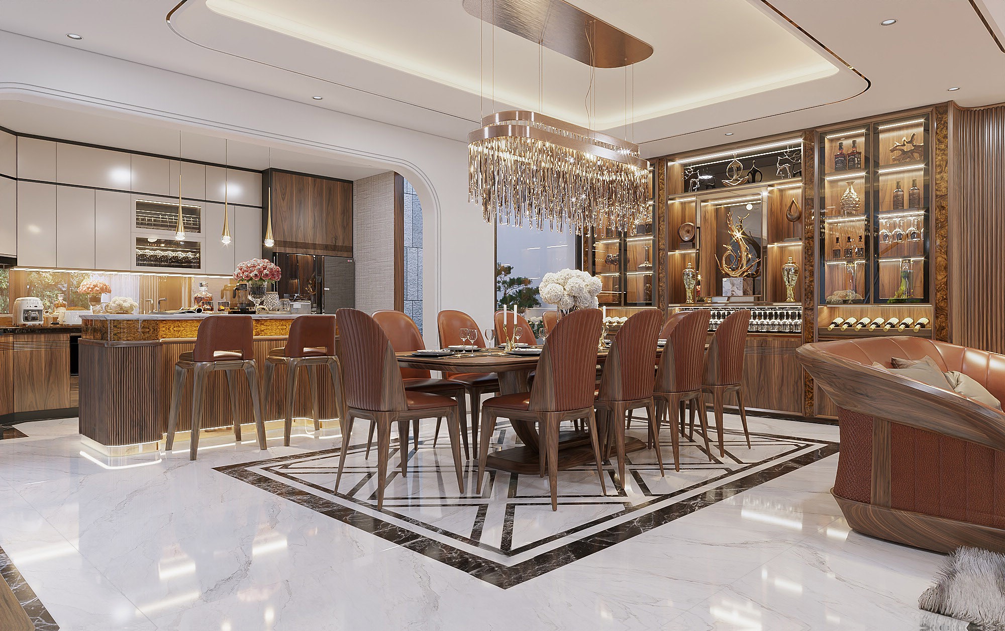 Phòng bếp gỗ óc chó rộng sang trọng