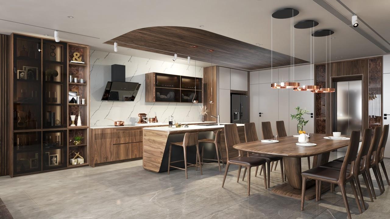 Phòng bếp gỗ óc chó sang trọng hiện đại