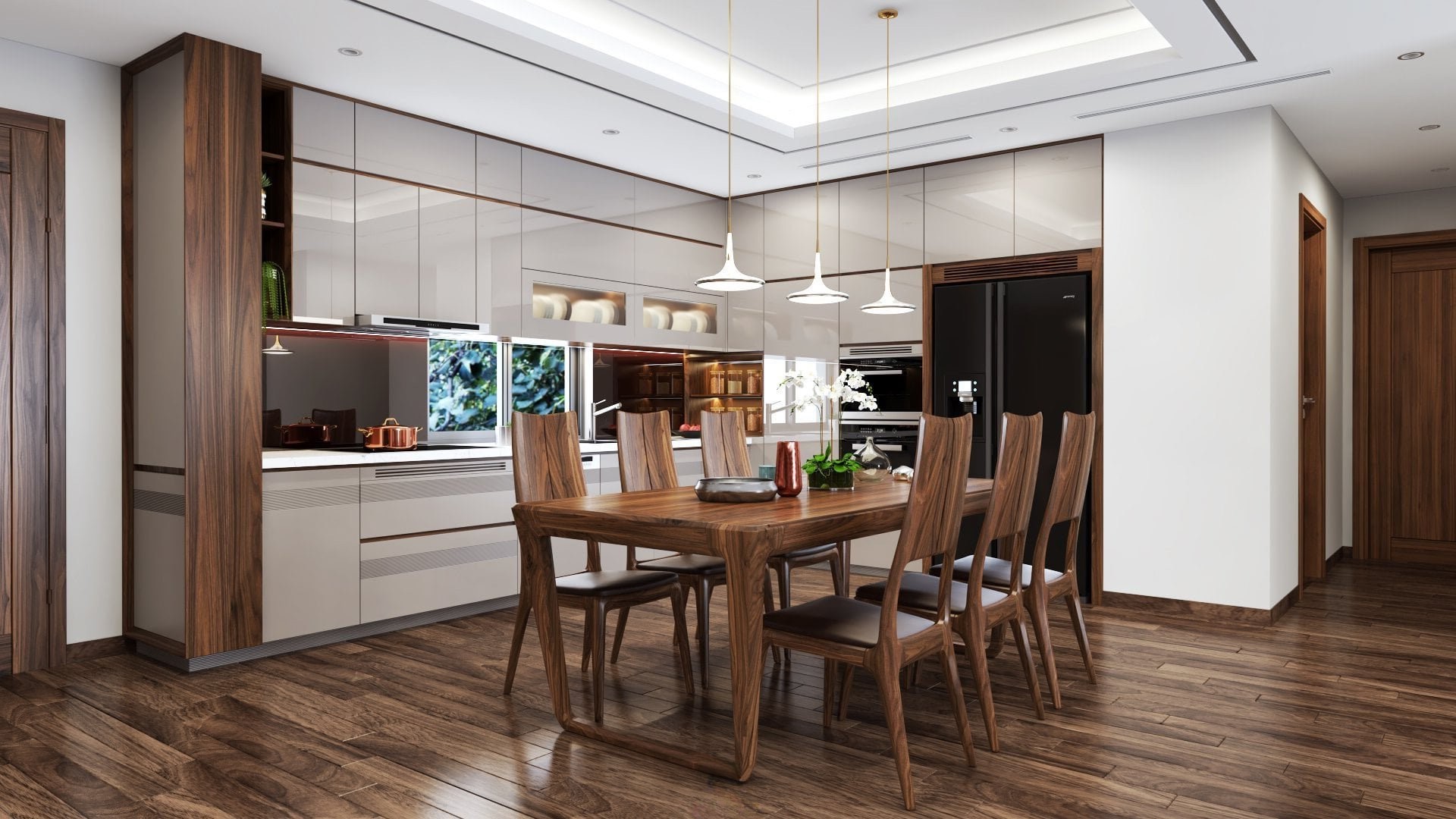 Phòng bếp gỗ óc chó sang trọng hiện đại