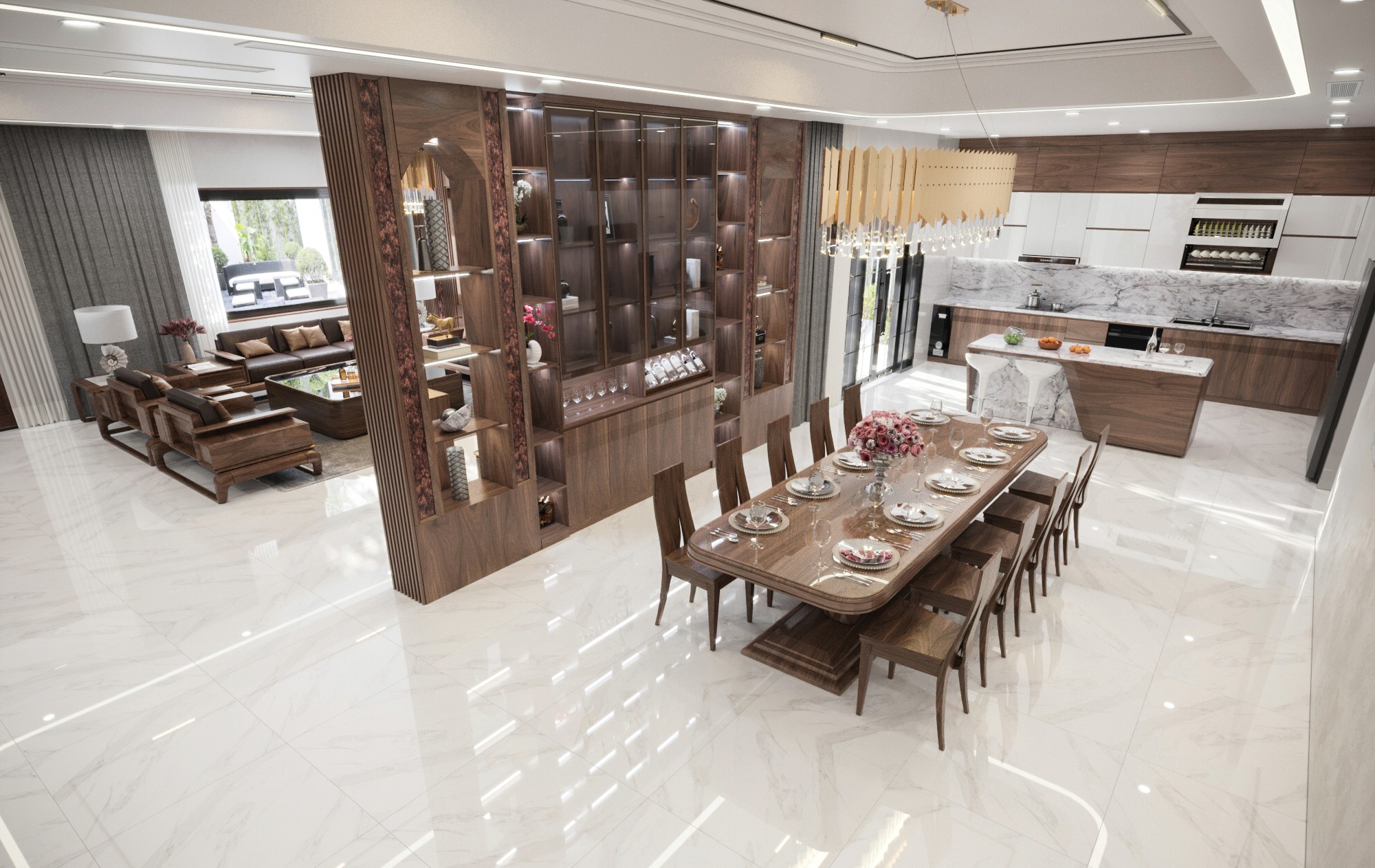 Phòng bếp không gian mở gỗ óc chó hiện đại