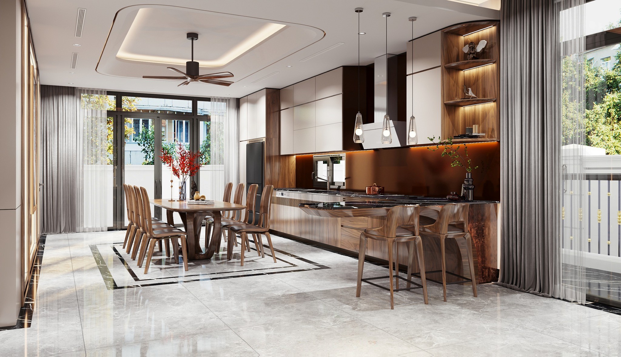 Phòng bếp và phòng ăn gỗ óc chó sang trọng