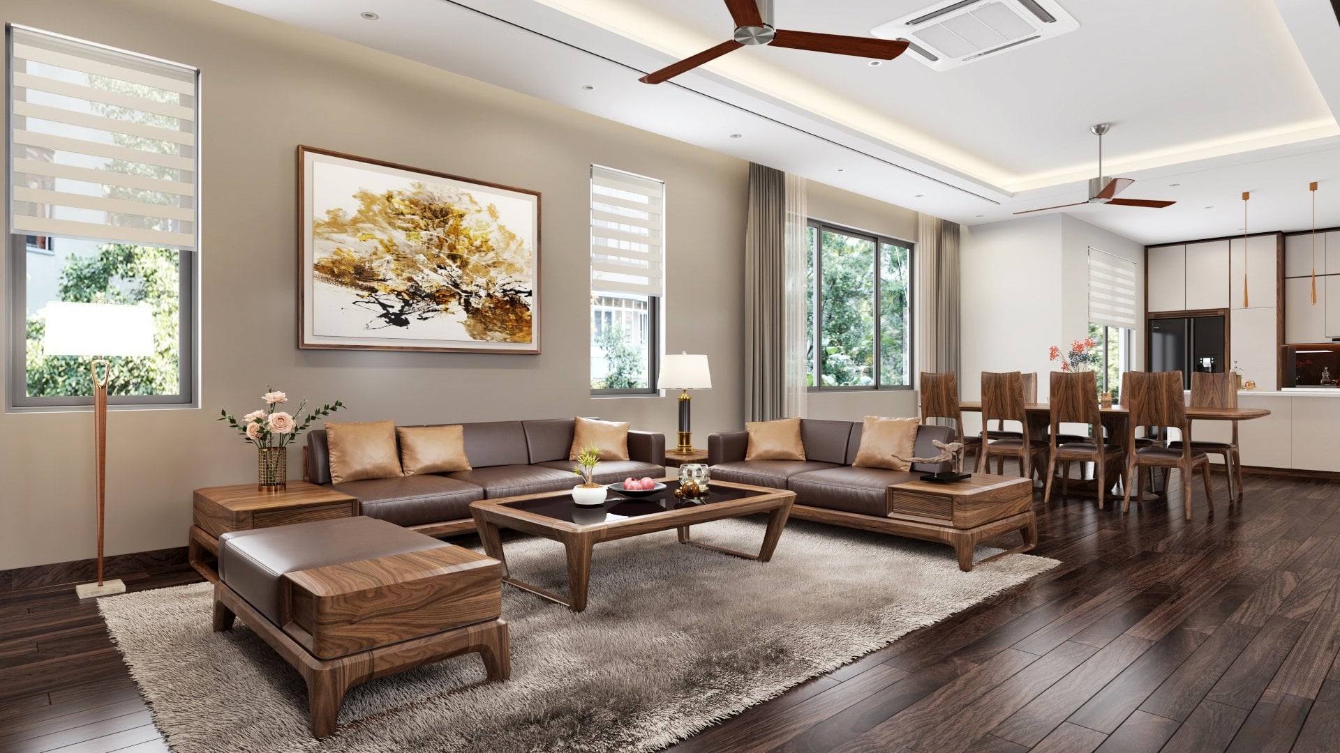 Phòng khách bếp gỗ óc chó hiện đại