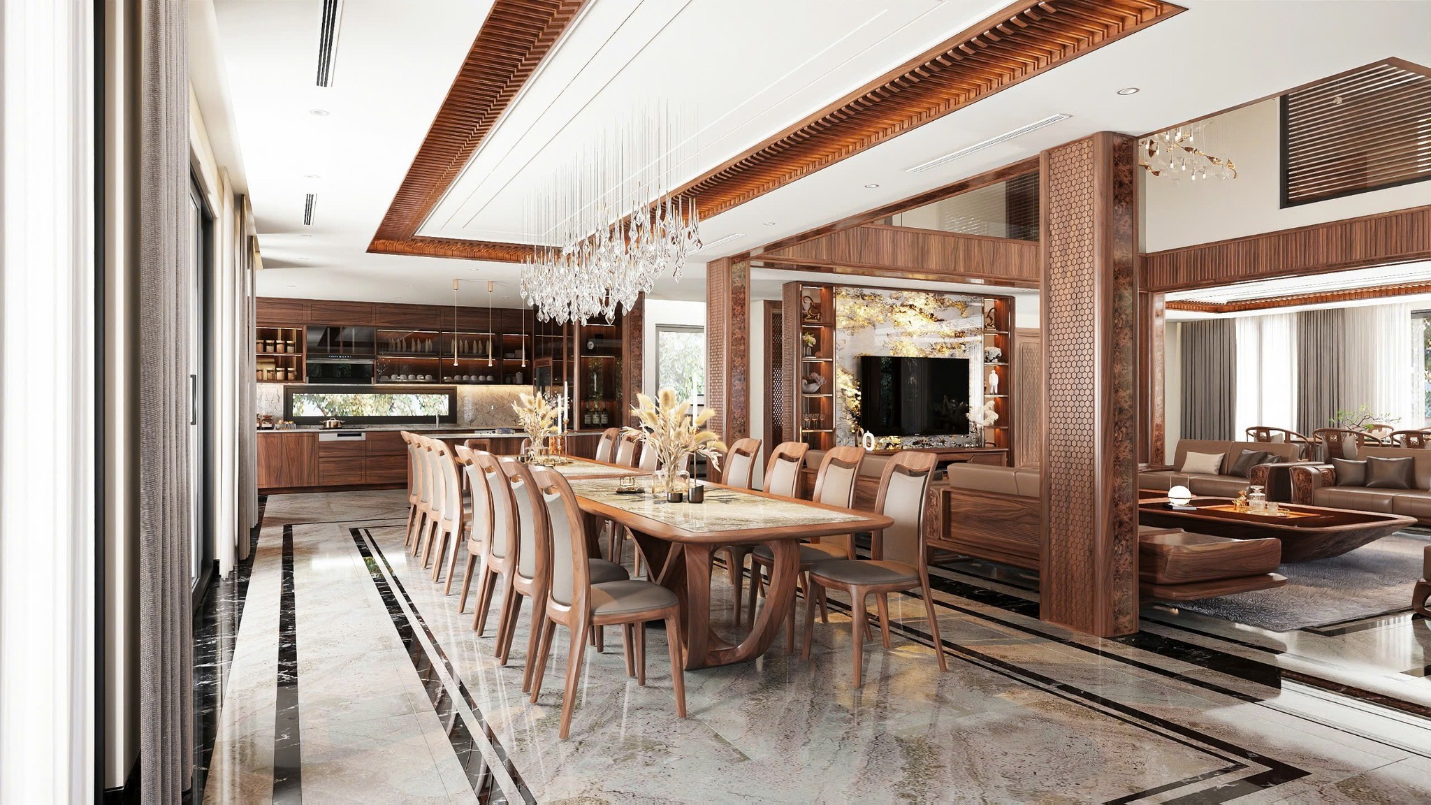 Phòng khách bếp liên thông gỗ óc chó sang trọng