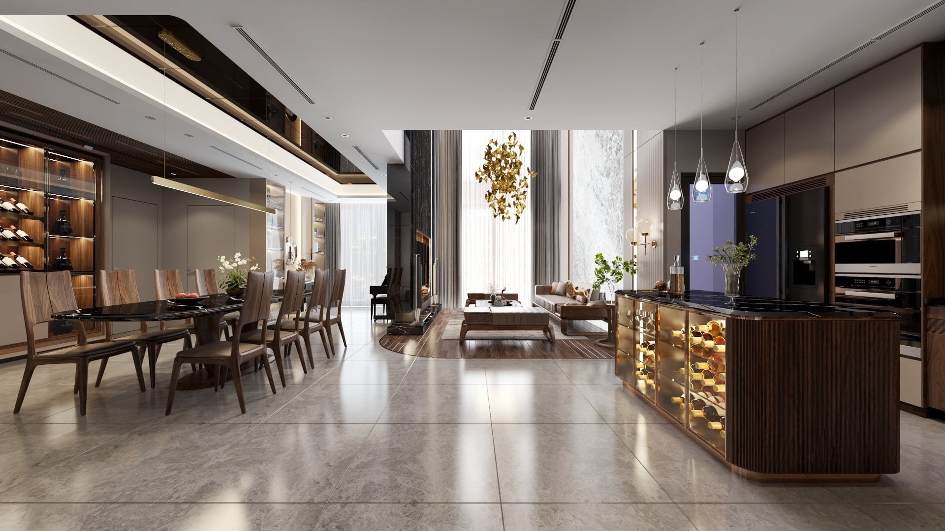 Phòng khách bếp thông nhau gỗ óc chó sang trọng