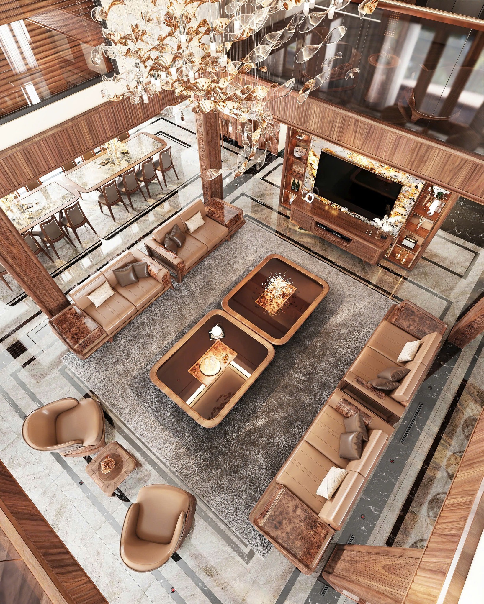 Phòng khách gỗ óc chó đẹp biệt thự sang trọng