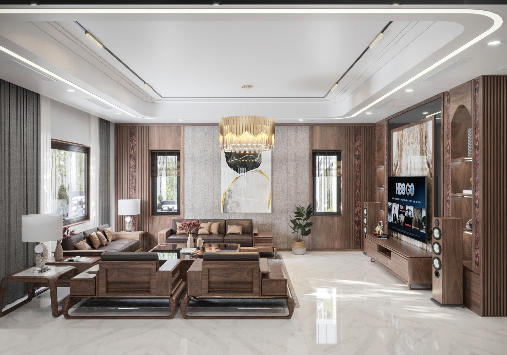 phòng khách gỗ óc chó đẹp với sofa và vách đá Onyx