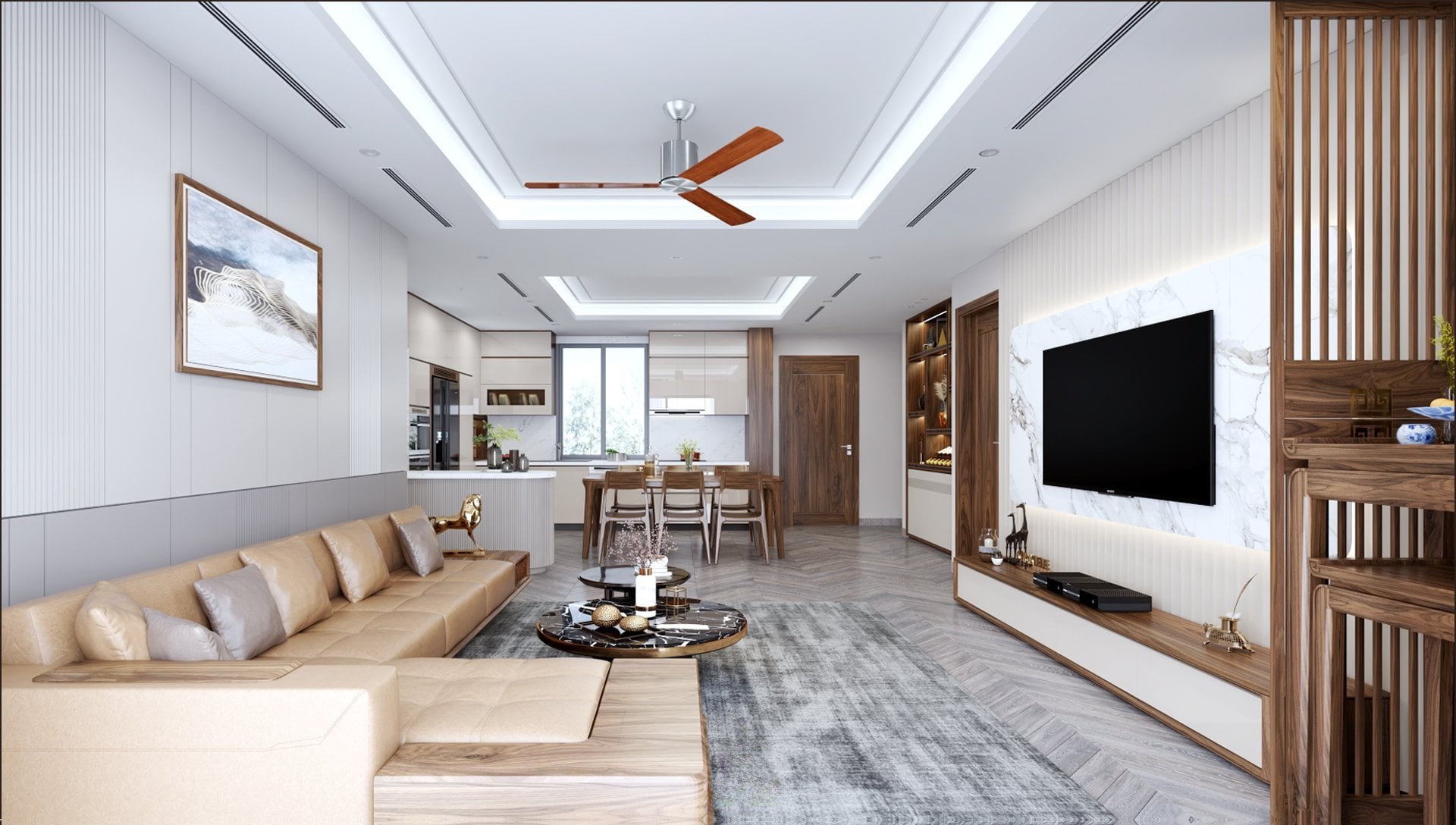 Phòng khách gỗ óc chó đẹp nhà ống