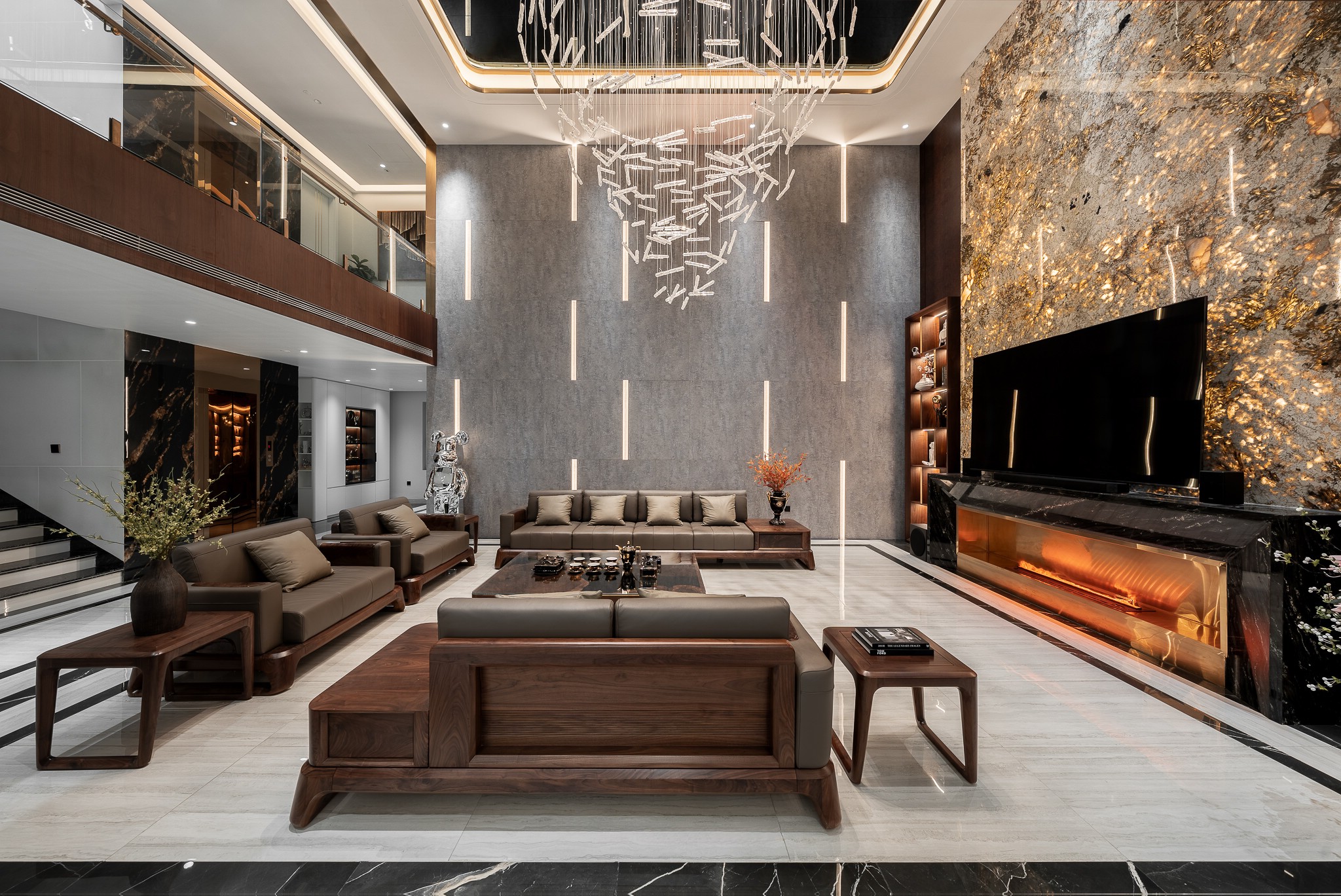 Phòng khách gỗ óc chó đẹp nhất thông tầng