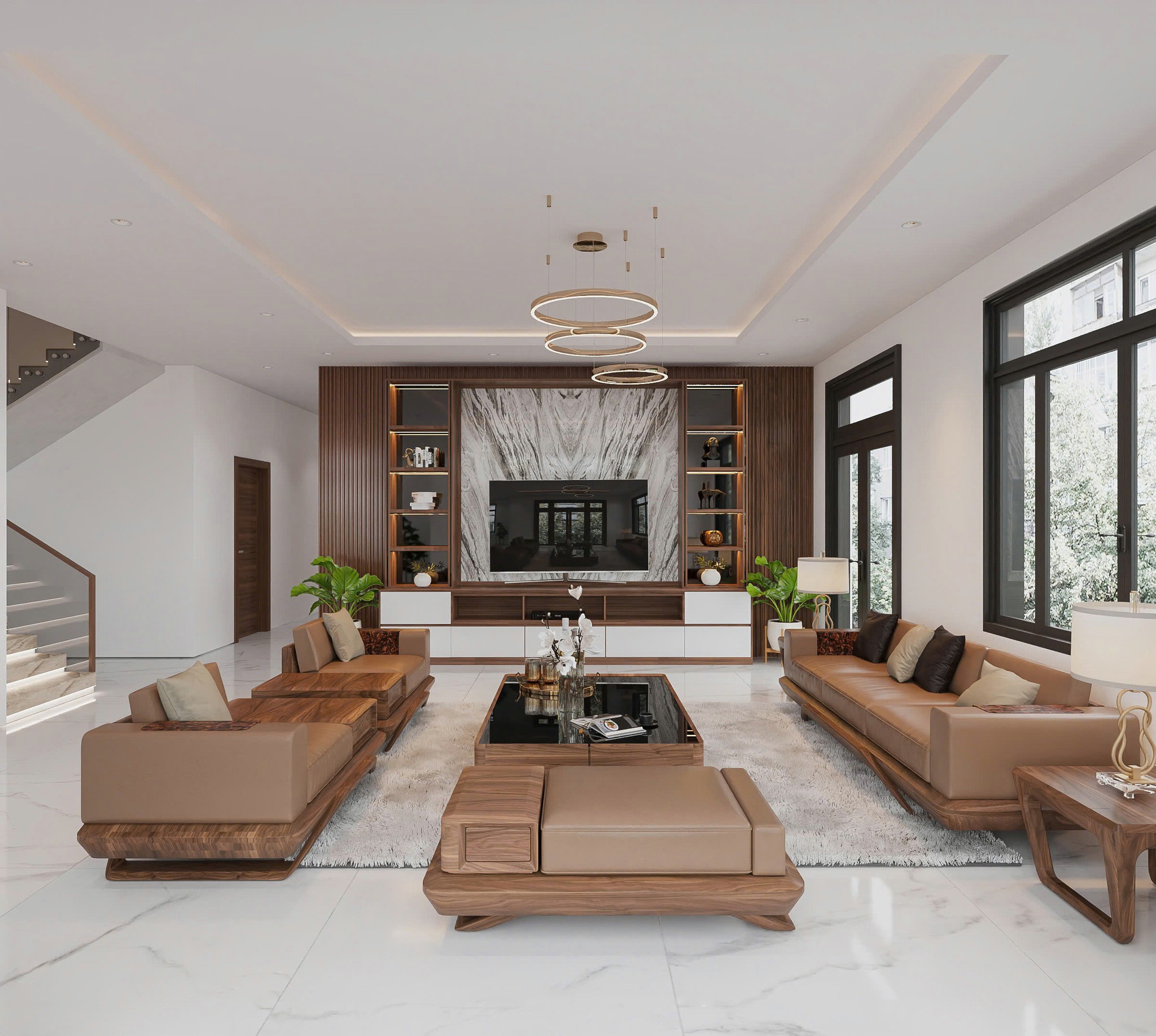 phòng khách gỗ óc chó hiện đại sofa kệ tivi đá onyx