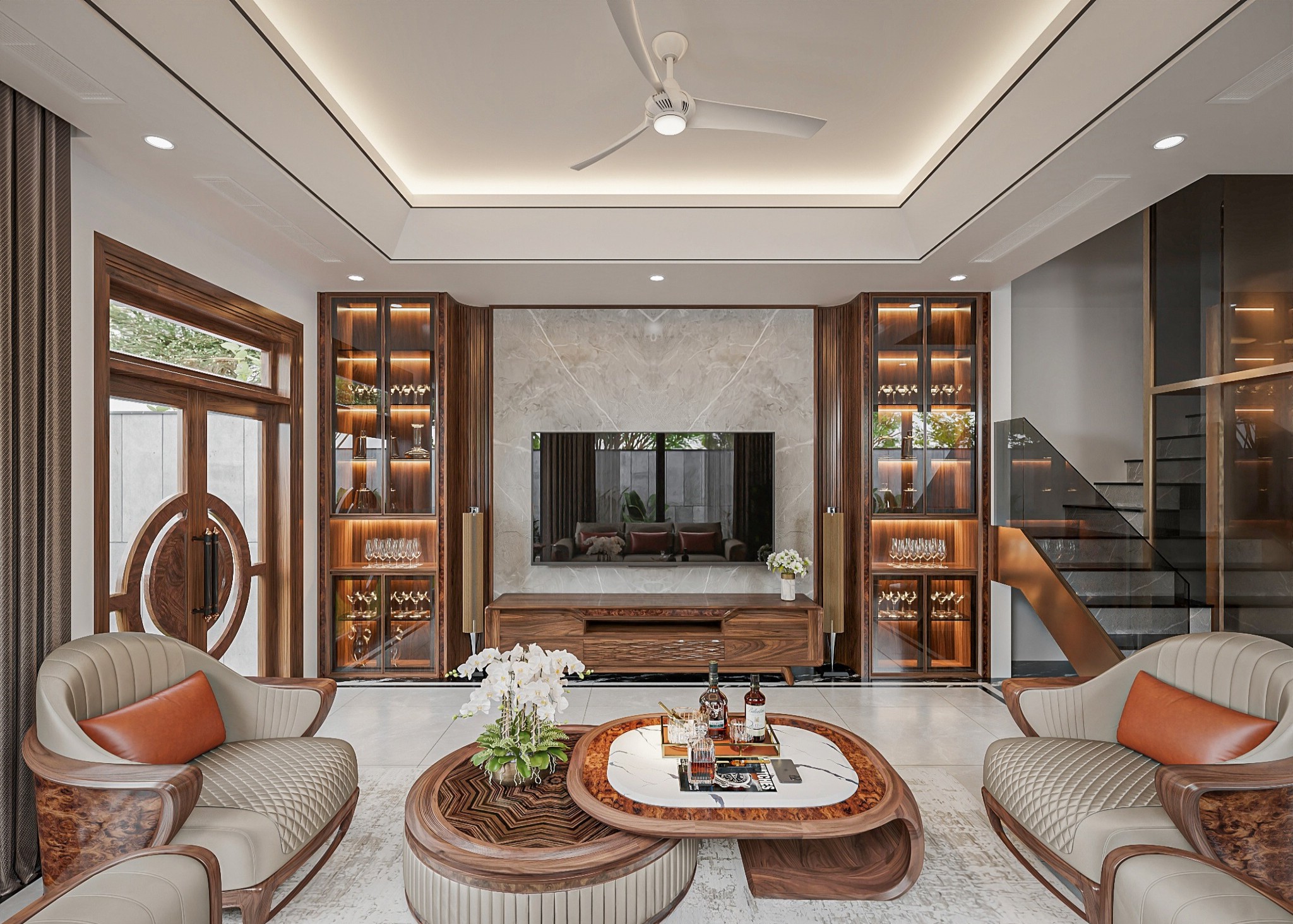 Phòng khách kệ tivi kết hợp tủ rượu gỗ óc chó