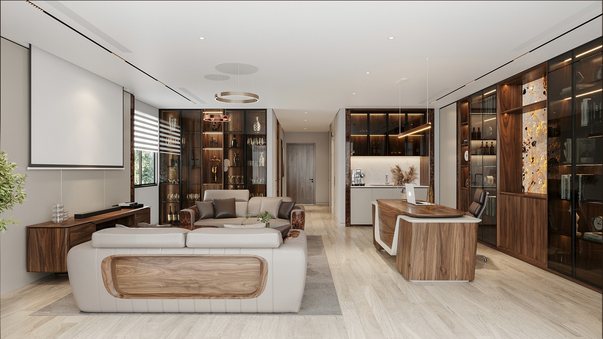 Phòng khách kết hợp phòng làm việc gỗ óc chó