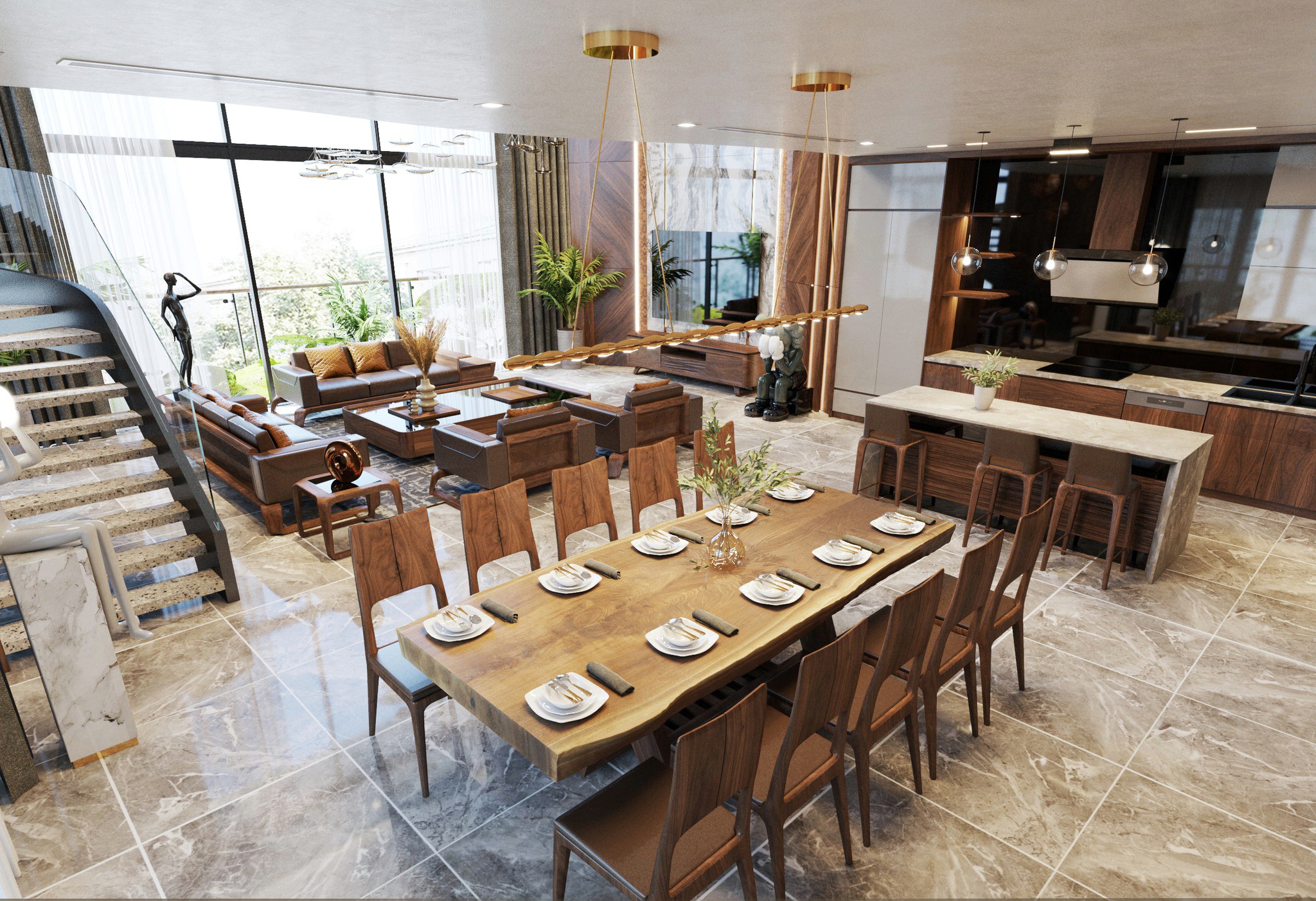 Phòng khách và bếp gỗ óc chó đẹp hiện đại.