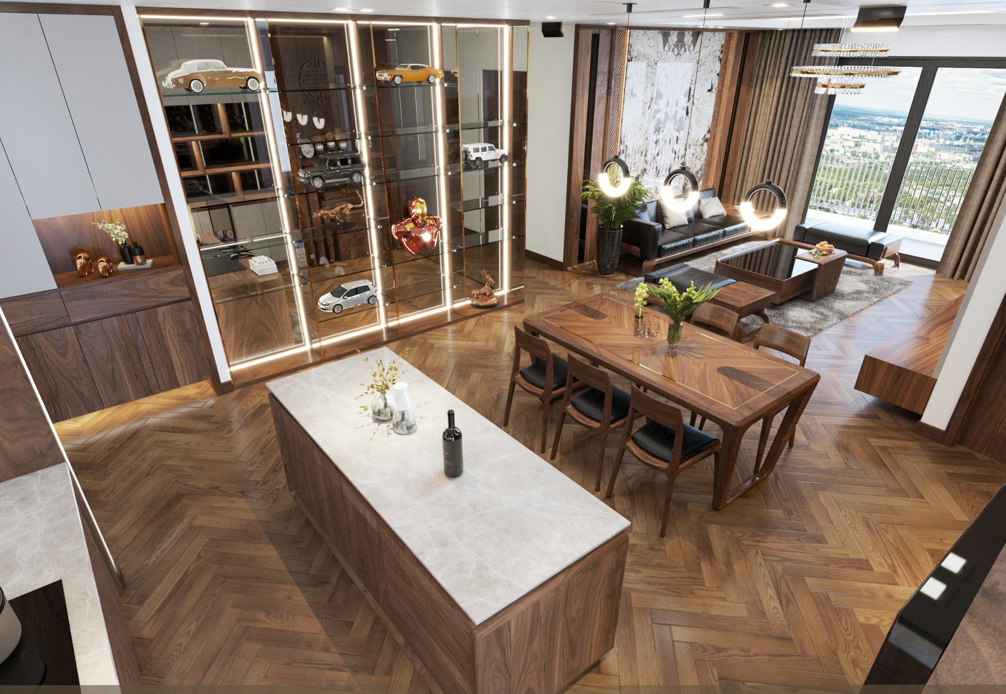 Phòng khách và bếp liền kề gỗ óc chó