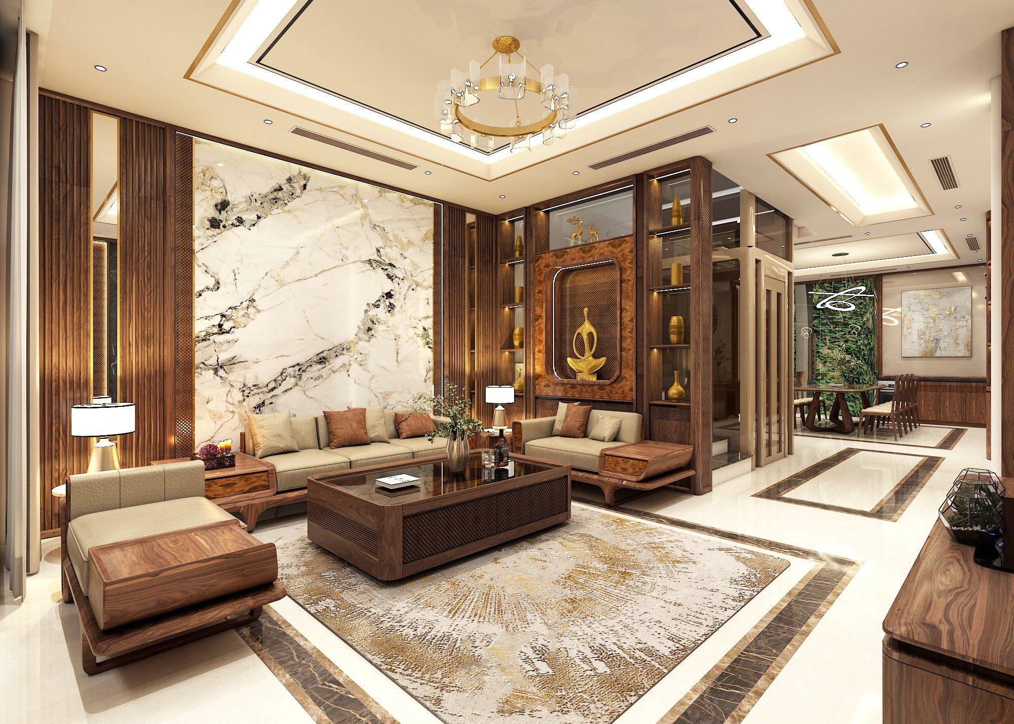 Phòng khách và bếp liên thông gỗ óc chó